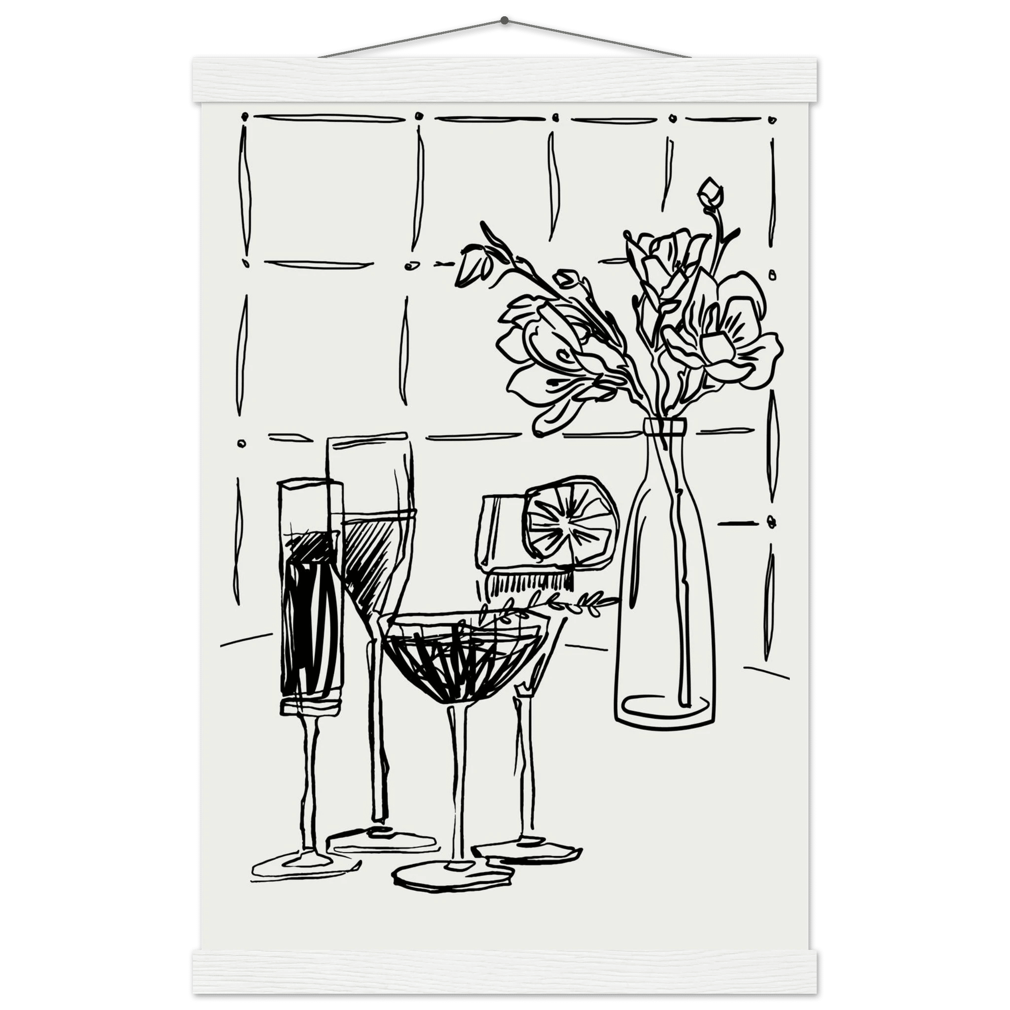 Cocktails & Flowers Print | Black Line Art Drinks Wall Art | Kitchen Bar Poster - Evergreen Posters