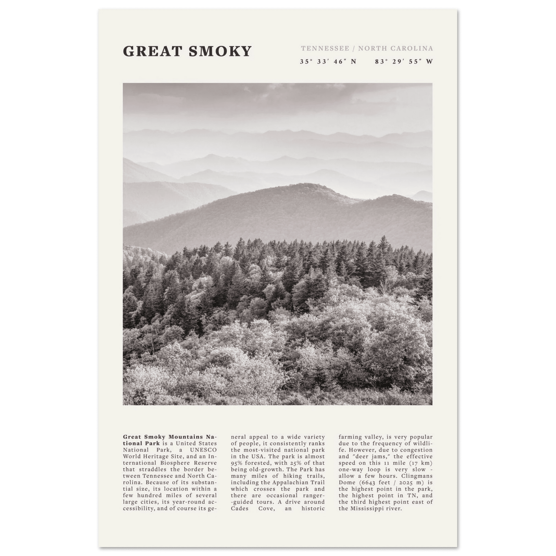 Great Smoky Mountains Poster | Black & White National Park Wall Art | Tennessee Print - Evergreen Posters