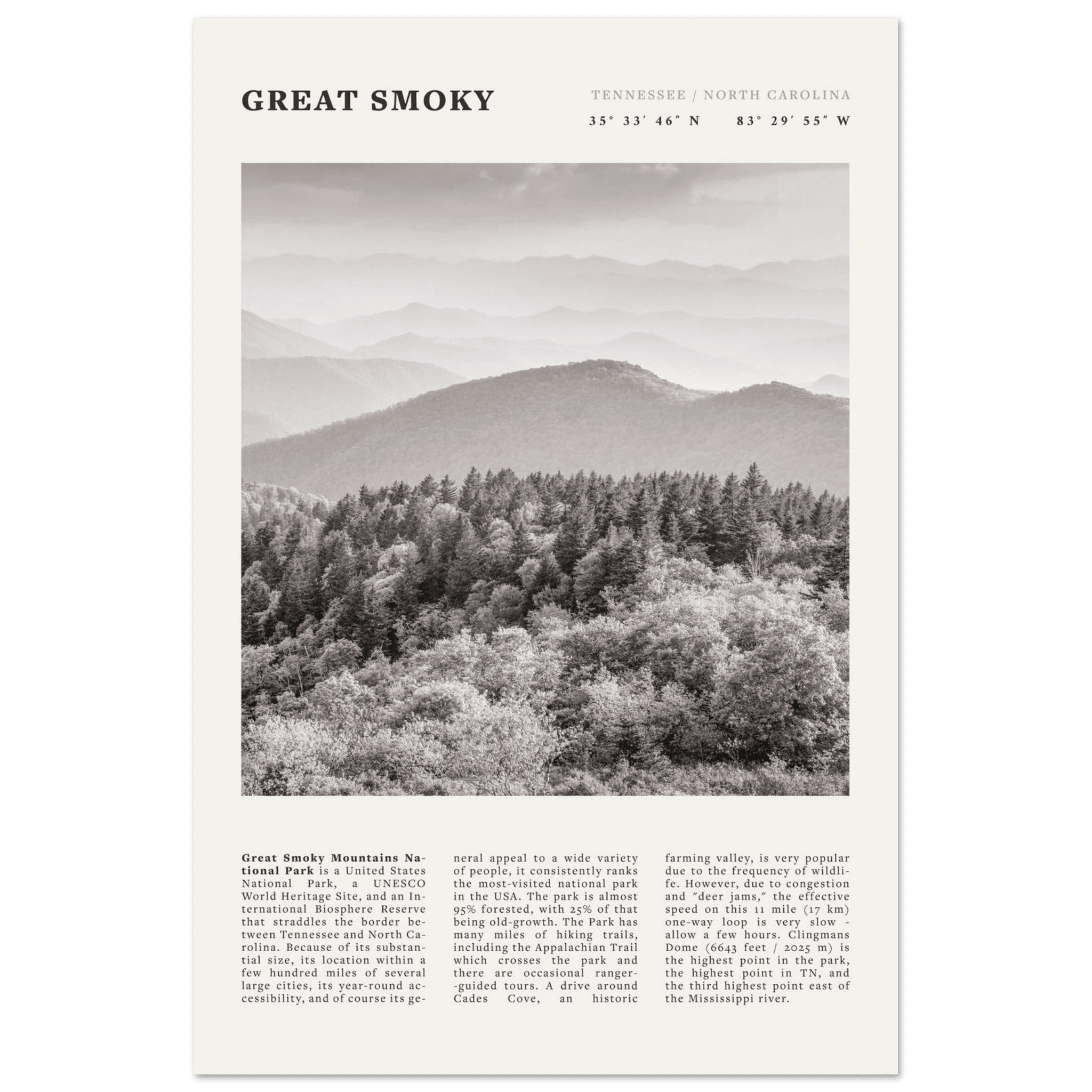 Great Smoky Mountains Poster | Black & White National Park Wall Art | Tennessee Print - Evergreen Posters