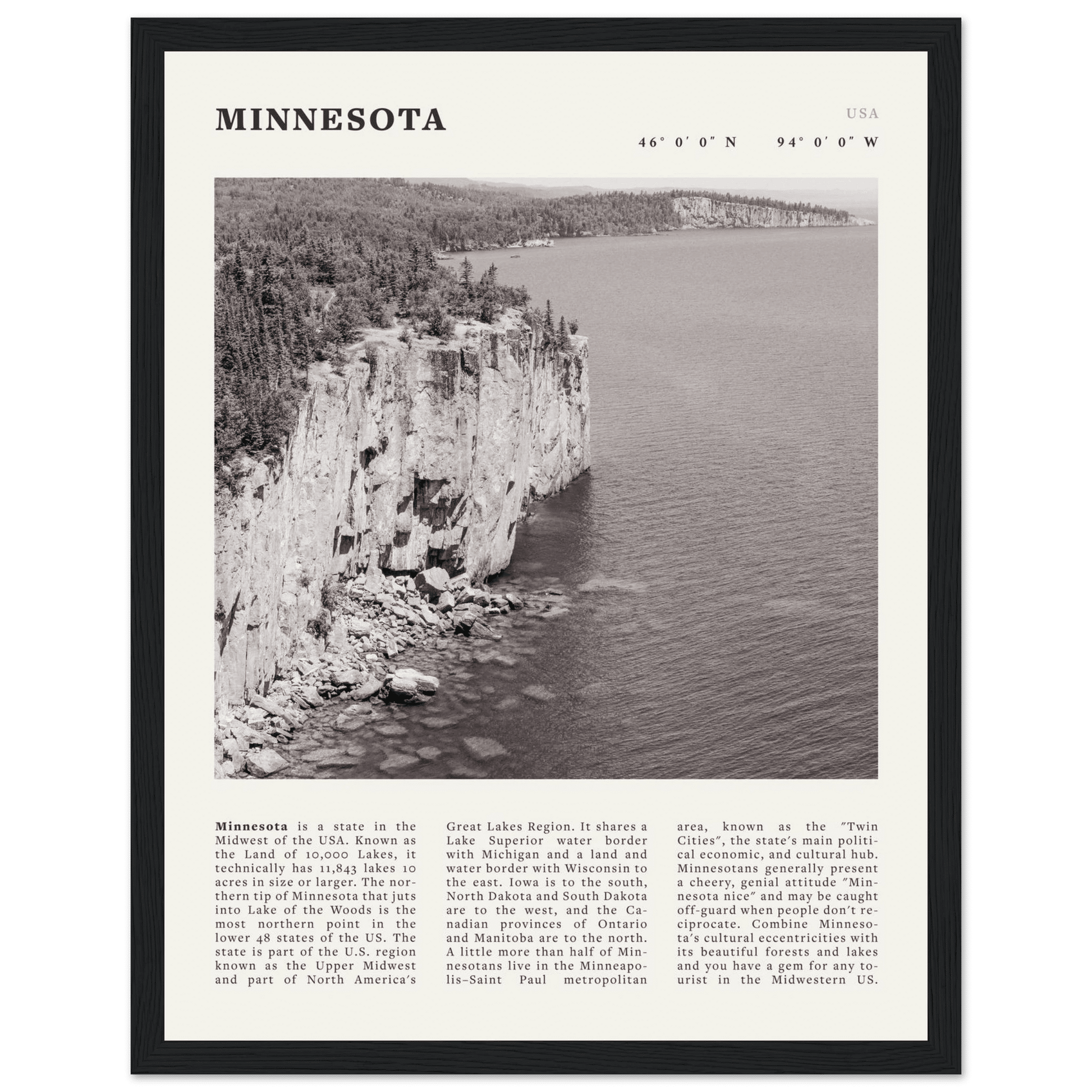 Minnesota Poster | Black & White Lake Superior Wall Art | USA Nature Travel Print - Evergreen Posters
