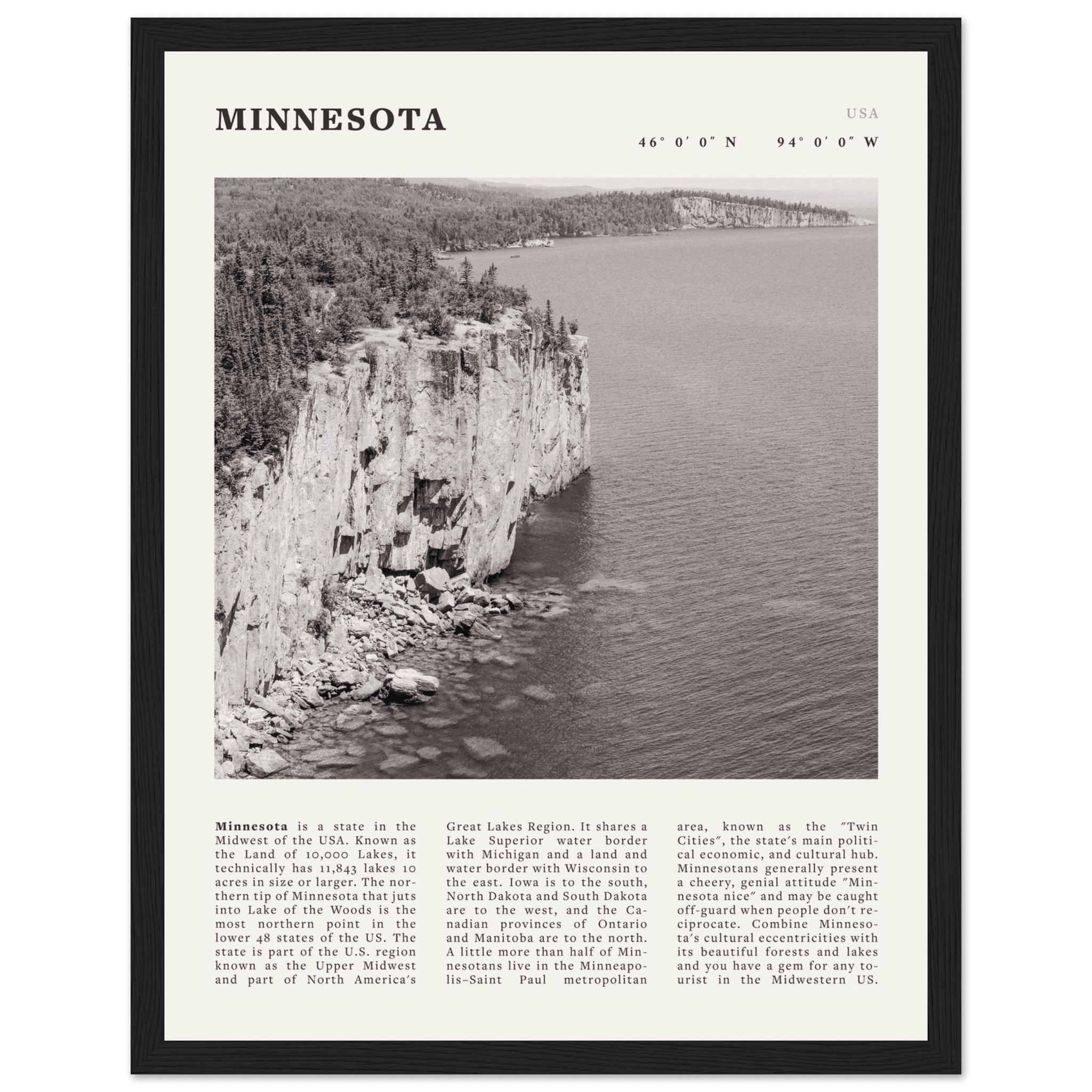 Minnesota Poster | Black & White Lake Superior Wall Art | USA Nature Travel Print - Evergreen Posters