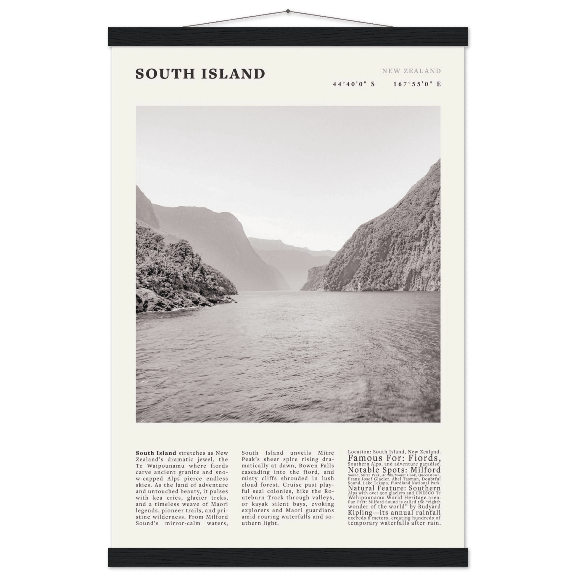 South Island New Zealand Poster Black and White – Vintage Milford Sound Fjord Print - Evergreen Posters