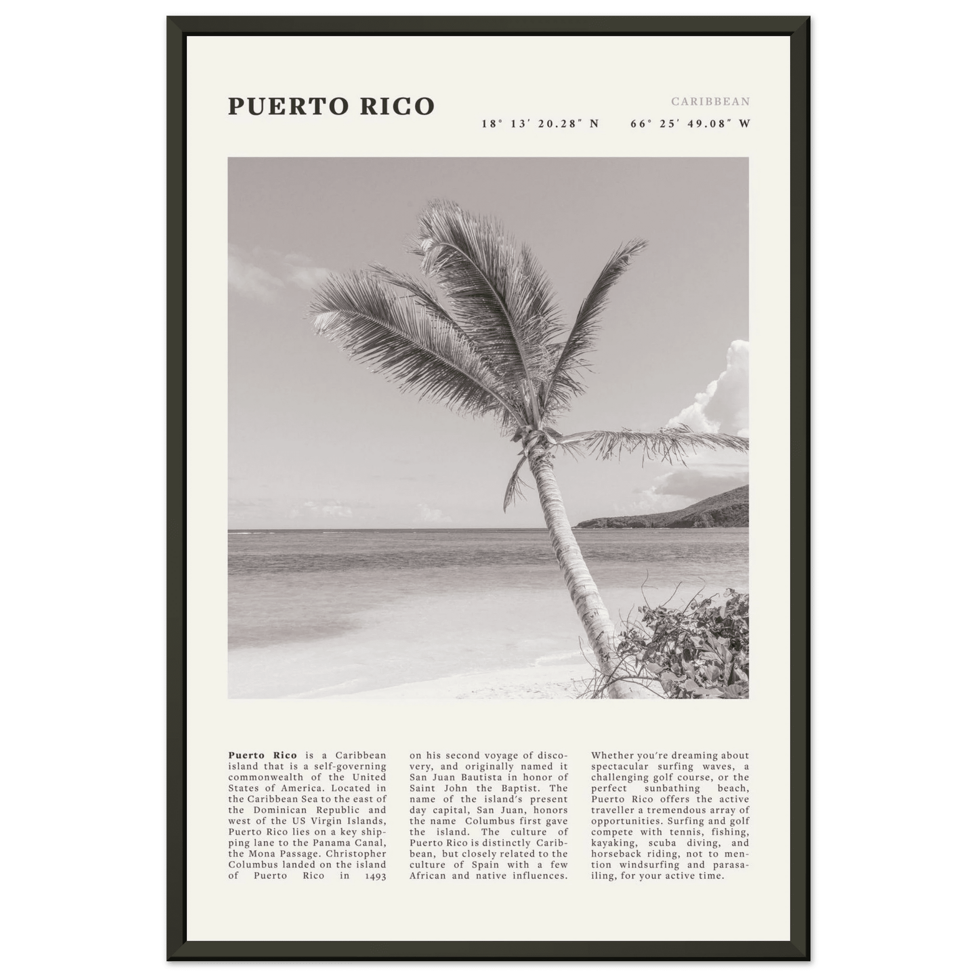 Puerto Rico Poster Black and White – Vintage Caribbean Palm Beach Print (Digital & Printed Options) - Evergreen Posters