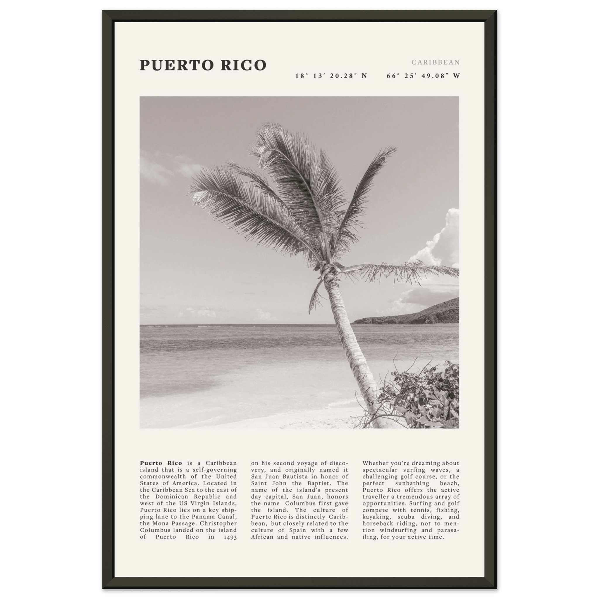 Puerto Rico Poster Black and White – Vintage Caribbean Palm Beach Print (Digital & Printed Options) - Evergreen Posters