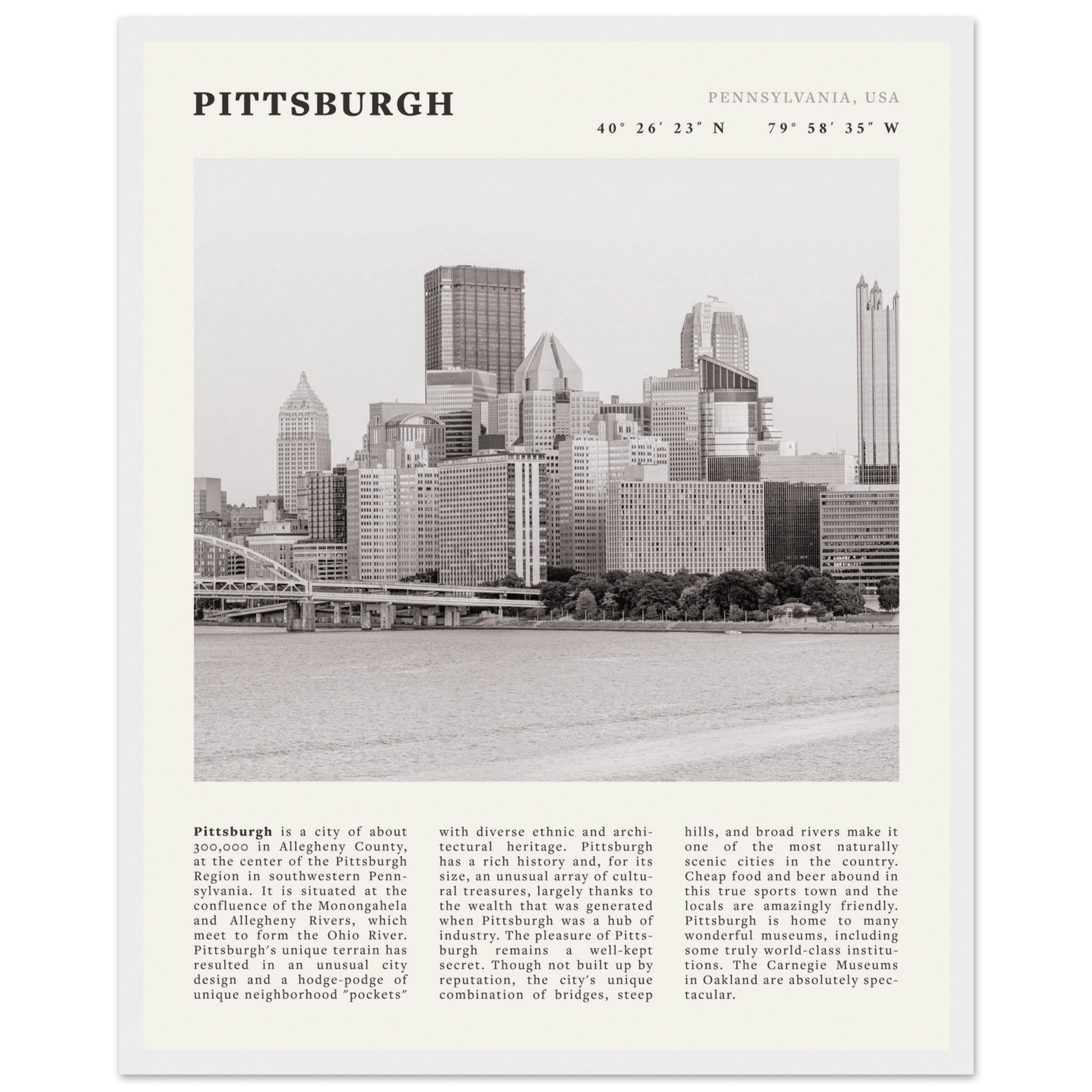 Pittsburgh Poster | Black & White Pennsylvania Skyline Wall Art | PA Travel Print - Evergreen Posters