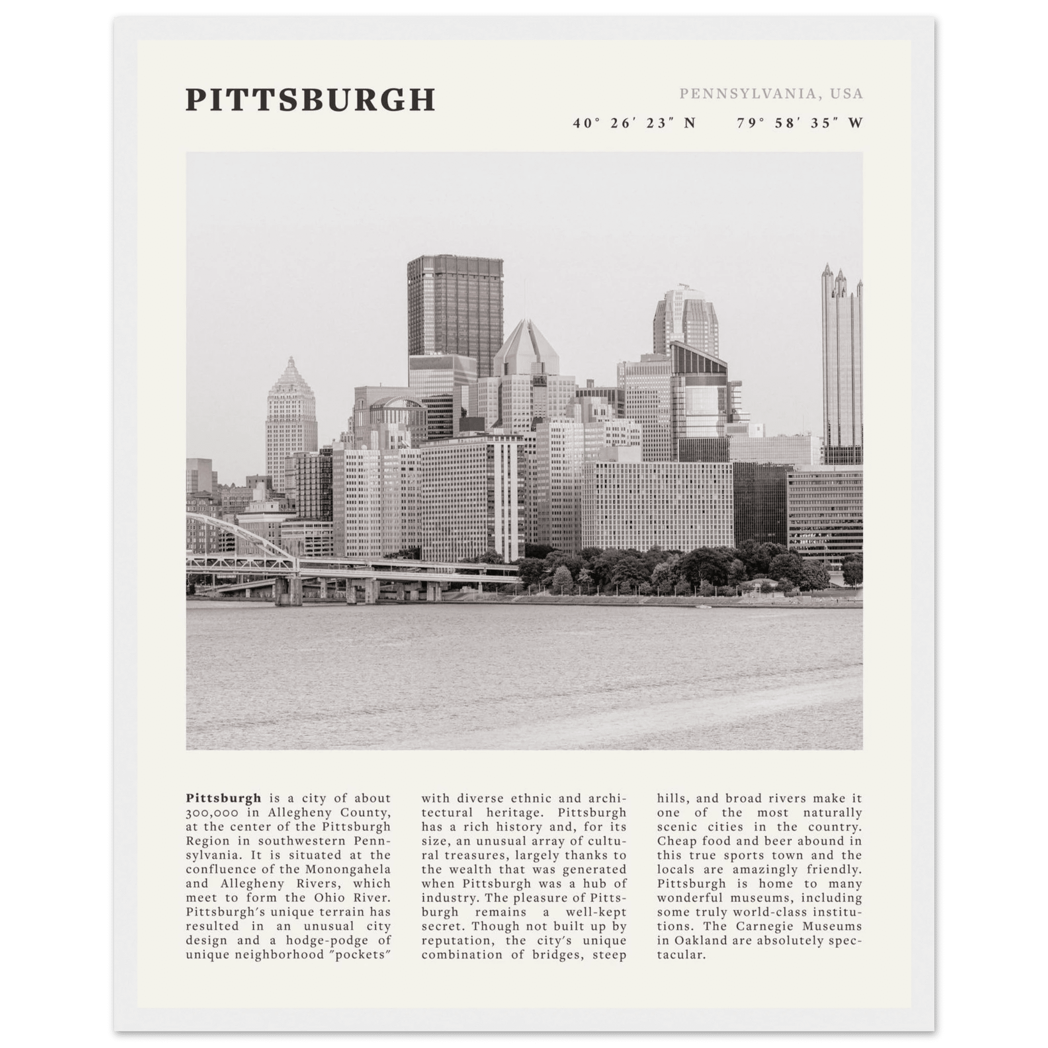 Pittsburgh Poster | Black & White Pennsylvania Skyline Wall Art | PA Travel Print - Evergreen Posters