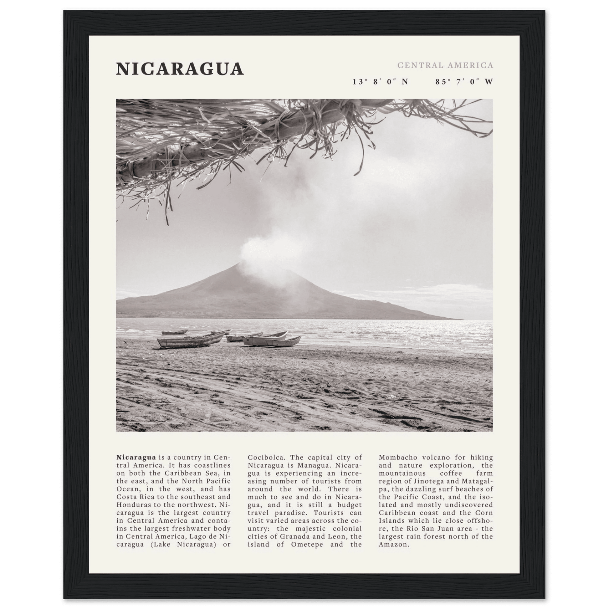 Nicaragua Poster | Black & White Volcano Wall Art | Central America Travel Print - Evergreen Posters