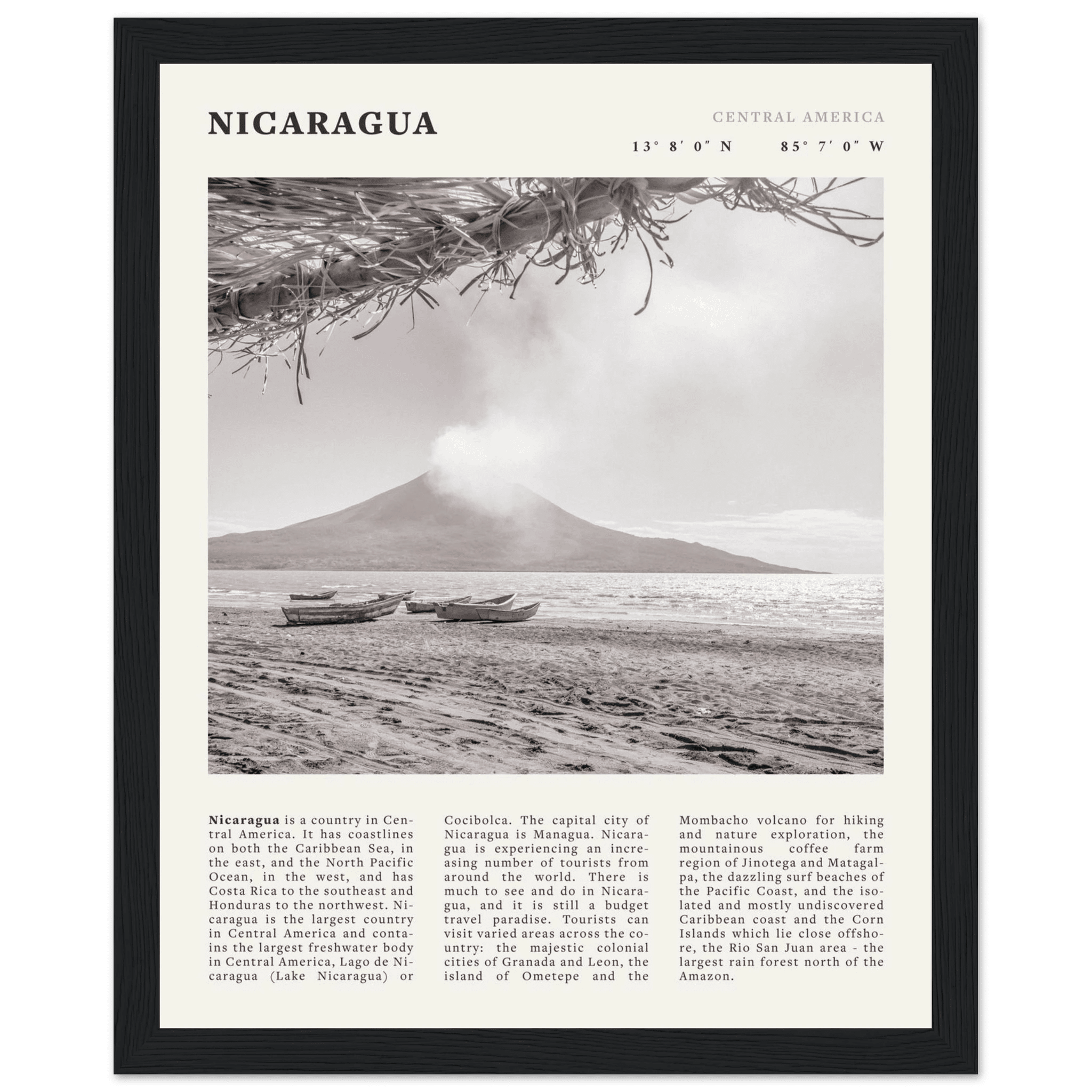 Nicaragua Poster | Black & White Volcano Wall Art | Central America Travel Print - Evergreen Posters