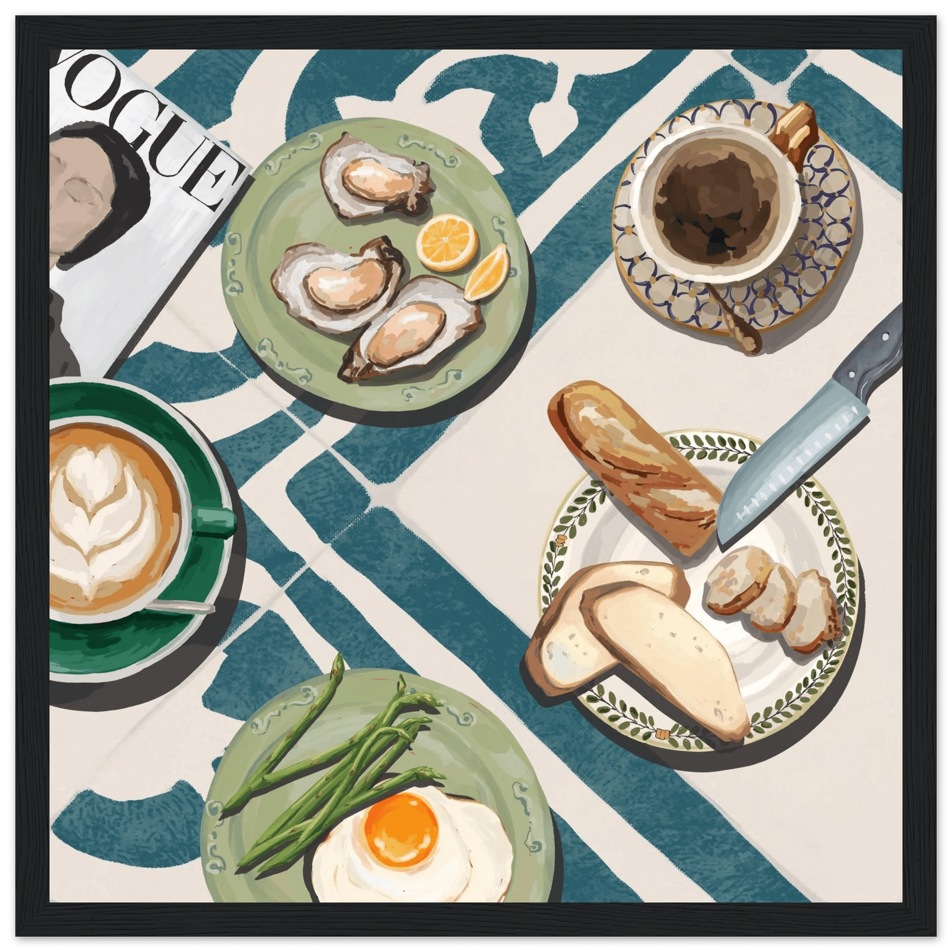 Oysters & Vogue Brunch Poster | Luxury Kitchen Wall Art | Blue Tile Square Print - Evergreen Posters - 11