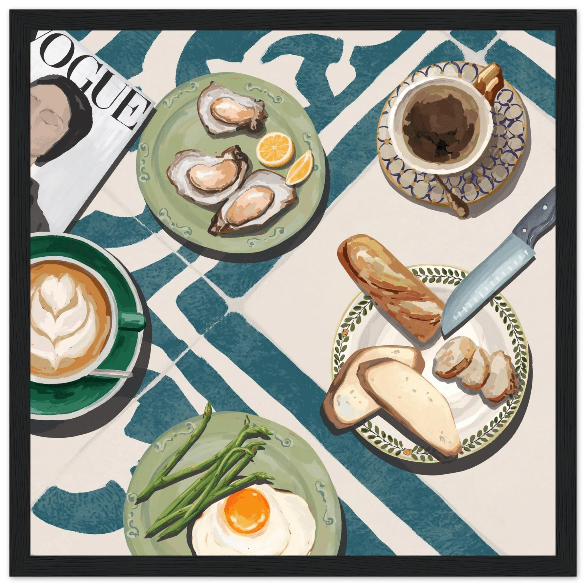 Oysters & Vogue Brunch Poster | Luxury Kitchen Wall Art | Blue Tile Square Print - Evergreen Posters - 11