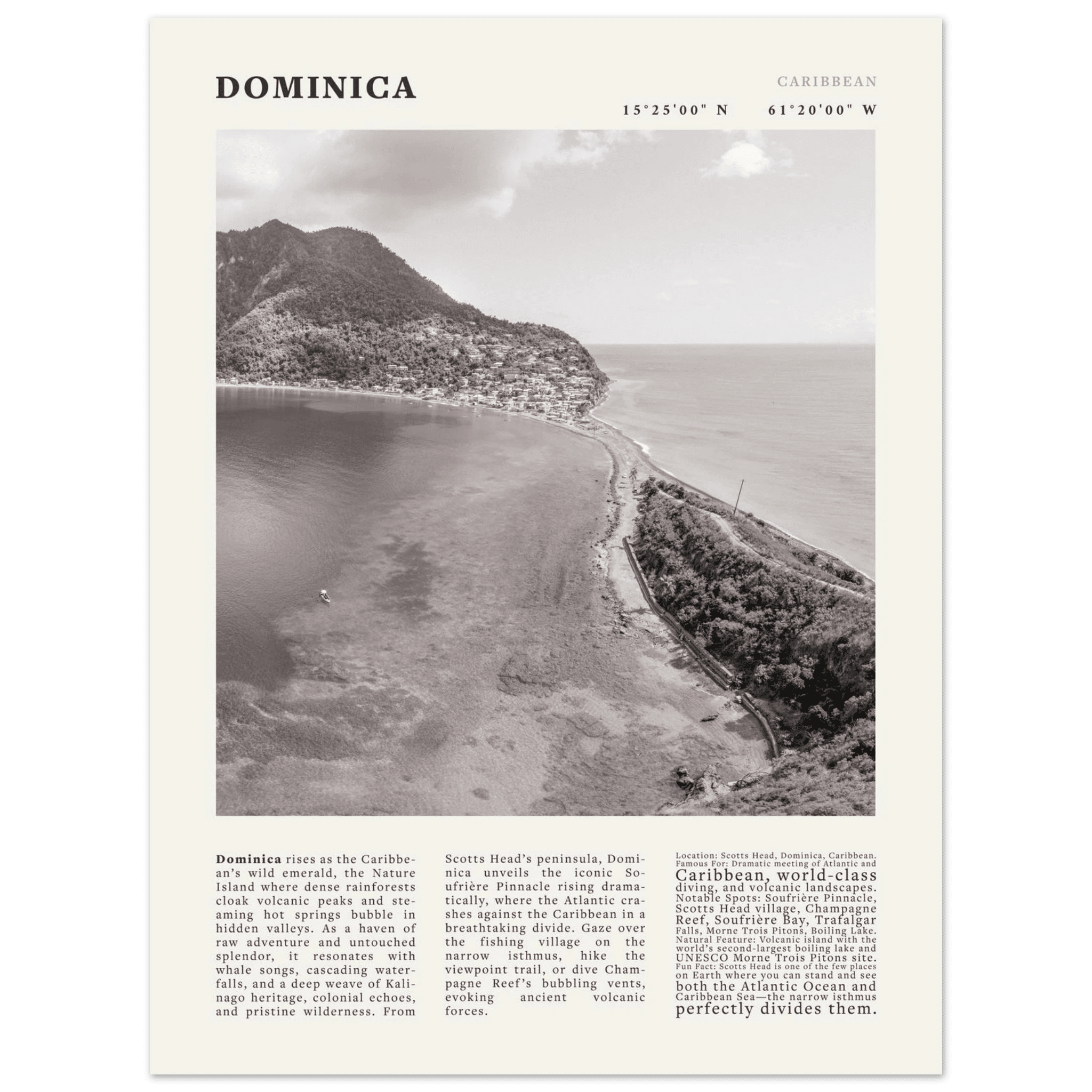 Dominica Poster Black and White – Vintage Caribbean Rainforest Island Print (Digital & Printed Options) - Evergreen Posters