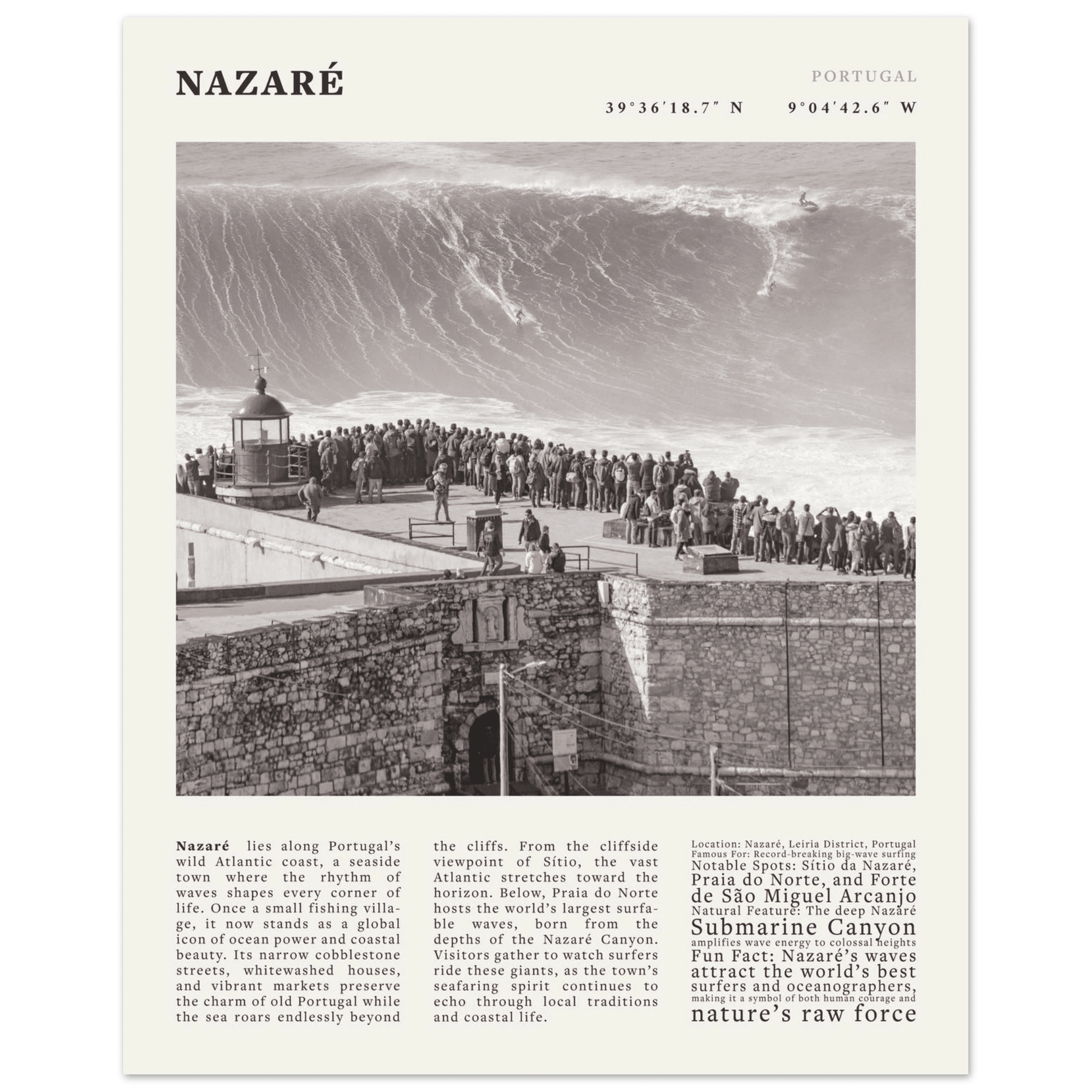 Nazaré Portugal Poster Black and White – Vintage Big Waves Surf Print (Digital & Printed Options) - Evergreen Posters