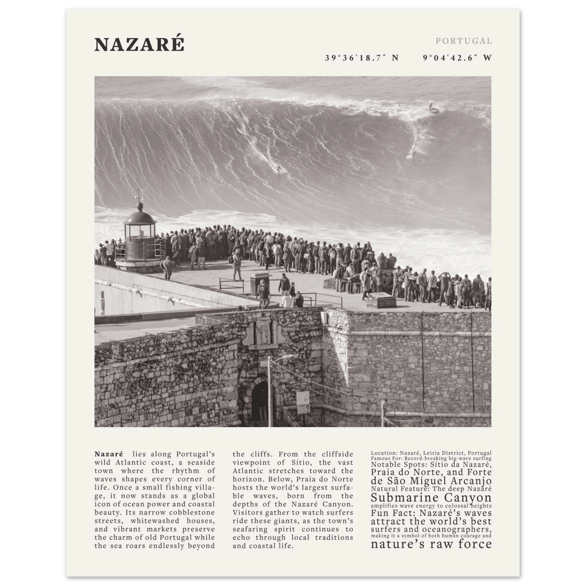 Nazaré Portugal Poster Black and White – Vintage Big Waves Surf Print (Digital & Printed Options) - Evergreen Posters