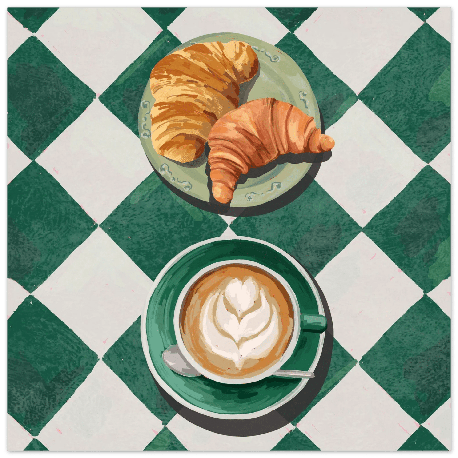 Croissant & Latte Poster | Classic Kitchen Wall Art | Green Tile Square Breakfast Print - Evergreen Posters - 2