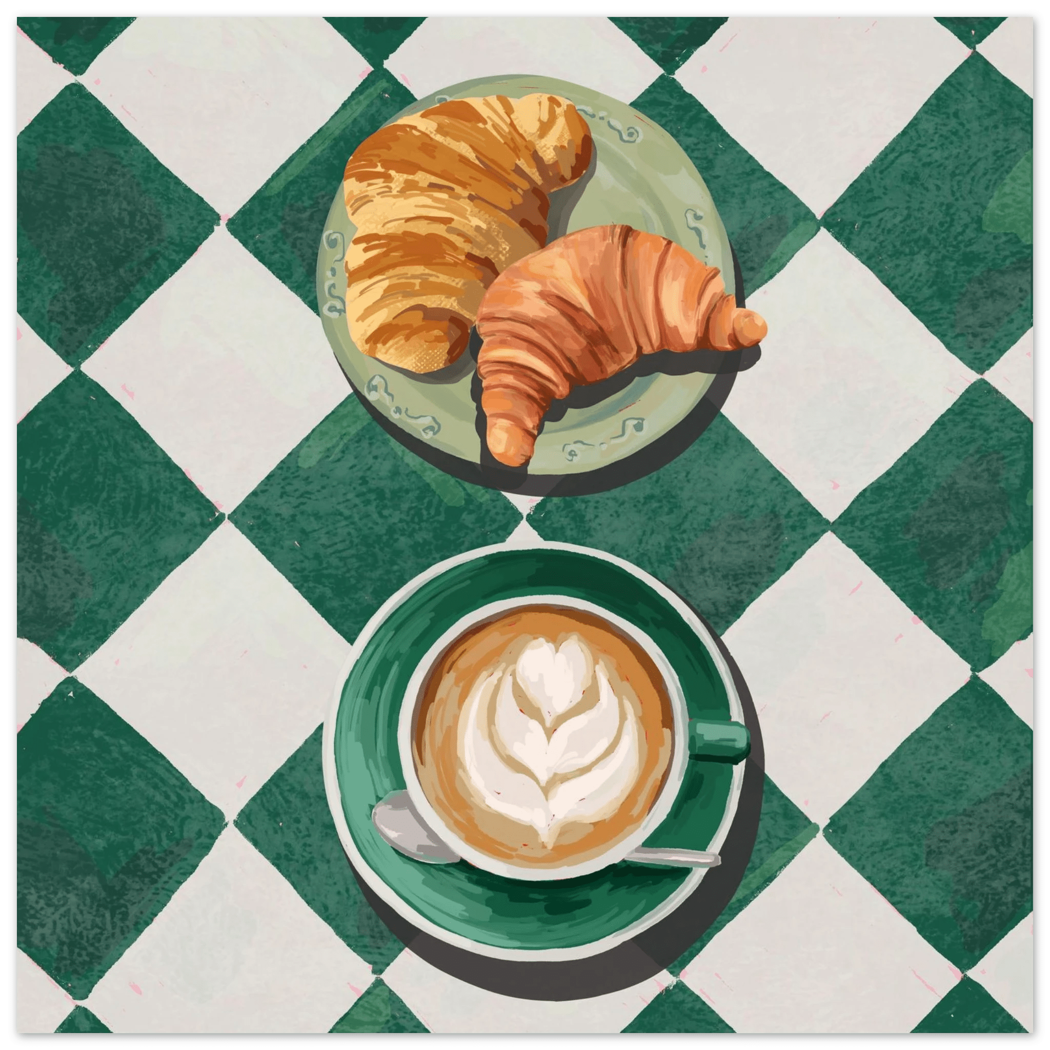 Croissant & Latte Poster | Classic Kitchen Wall Art | Green Tile Square Breakfast Print - Evergreen Posters - 2