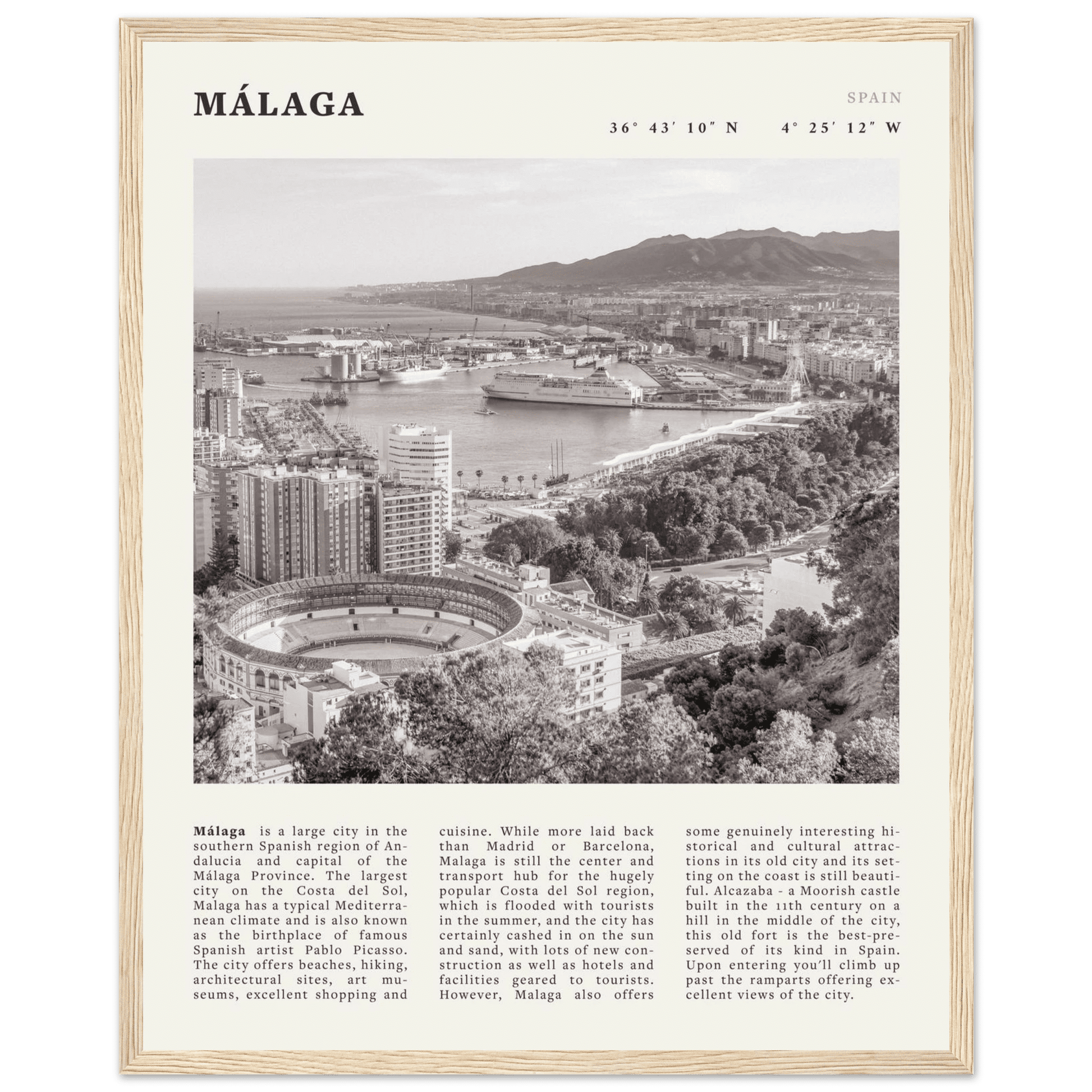 Málaga Poster | Black & White Costa del Sol Wall Art | Spain Travel Print - Evergreen Posters