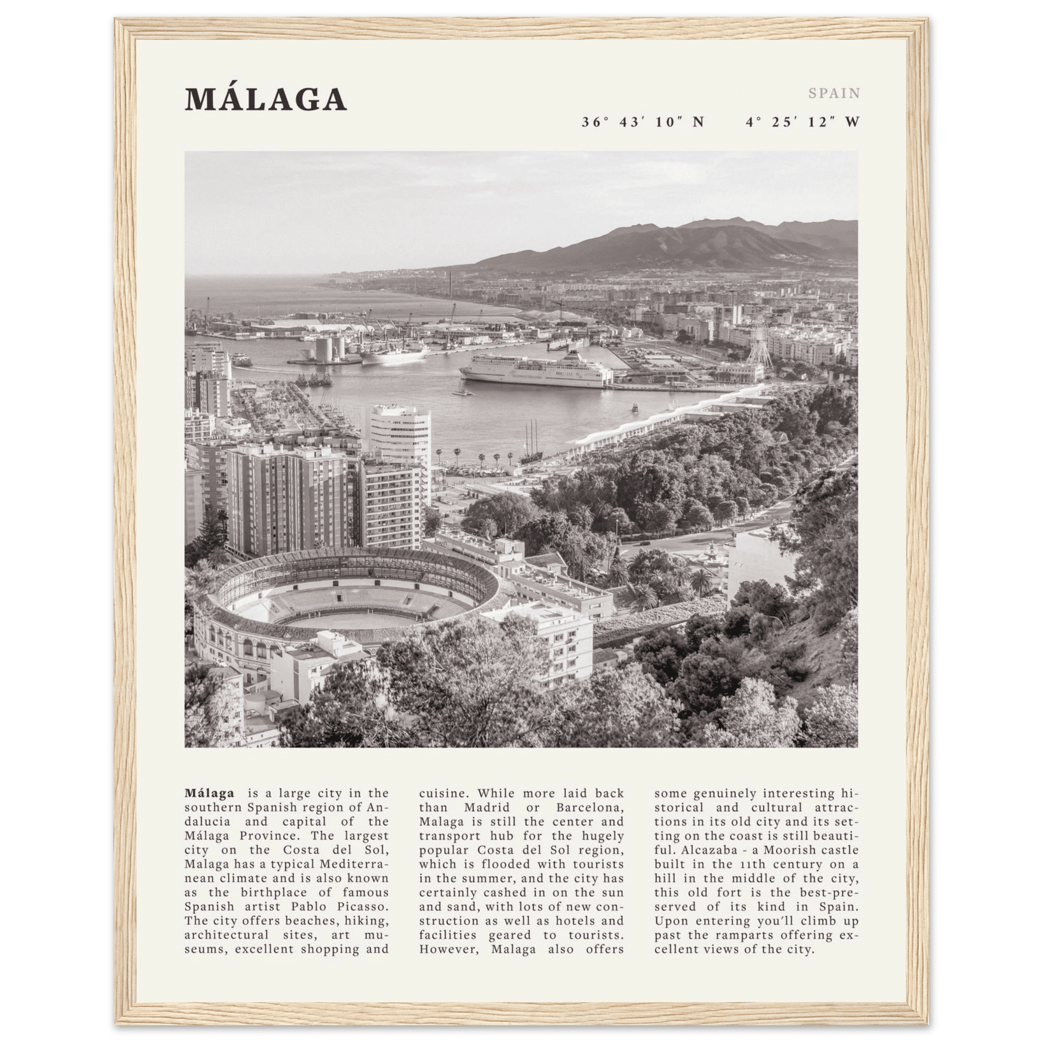 Málaga Poster | Black & White Costa del Sol Wall Art | Spain Travel Print - Evergreen Posters