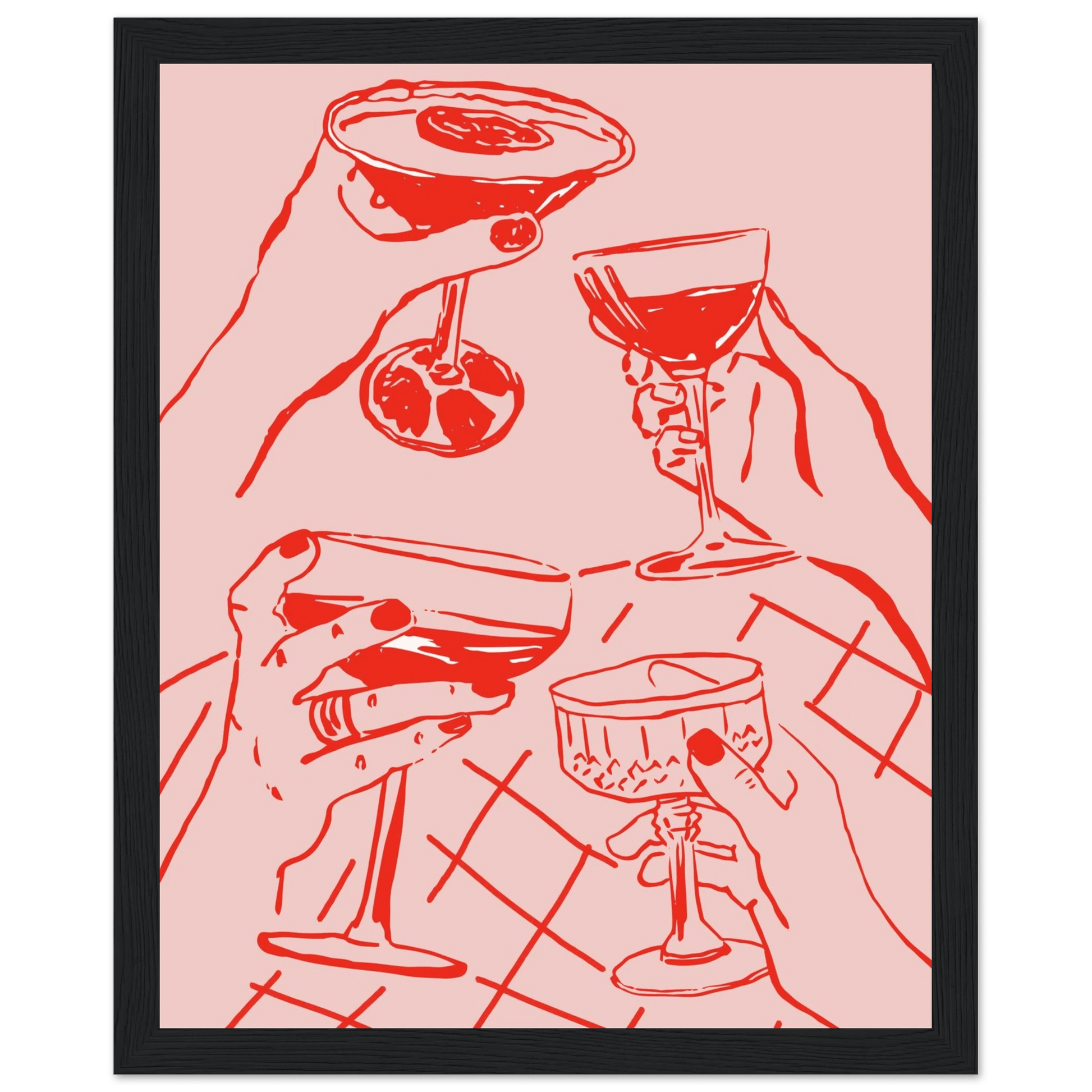 Cheers Print | Red & Pink Cocktail Glasses Wall Art | Kitchen Bar Poster - Evergreen Posters