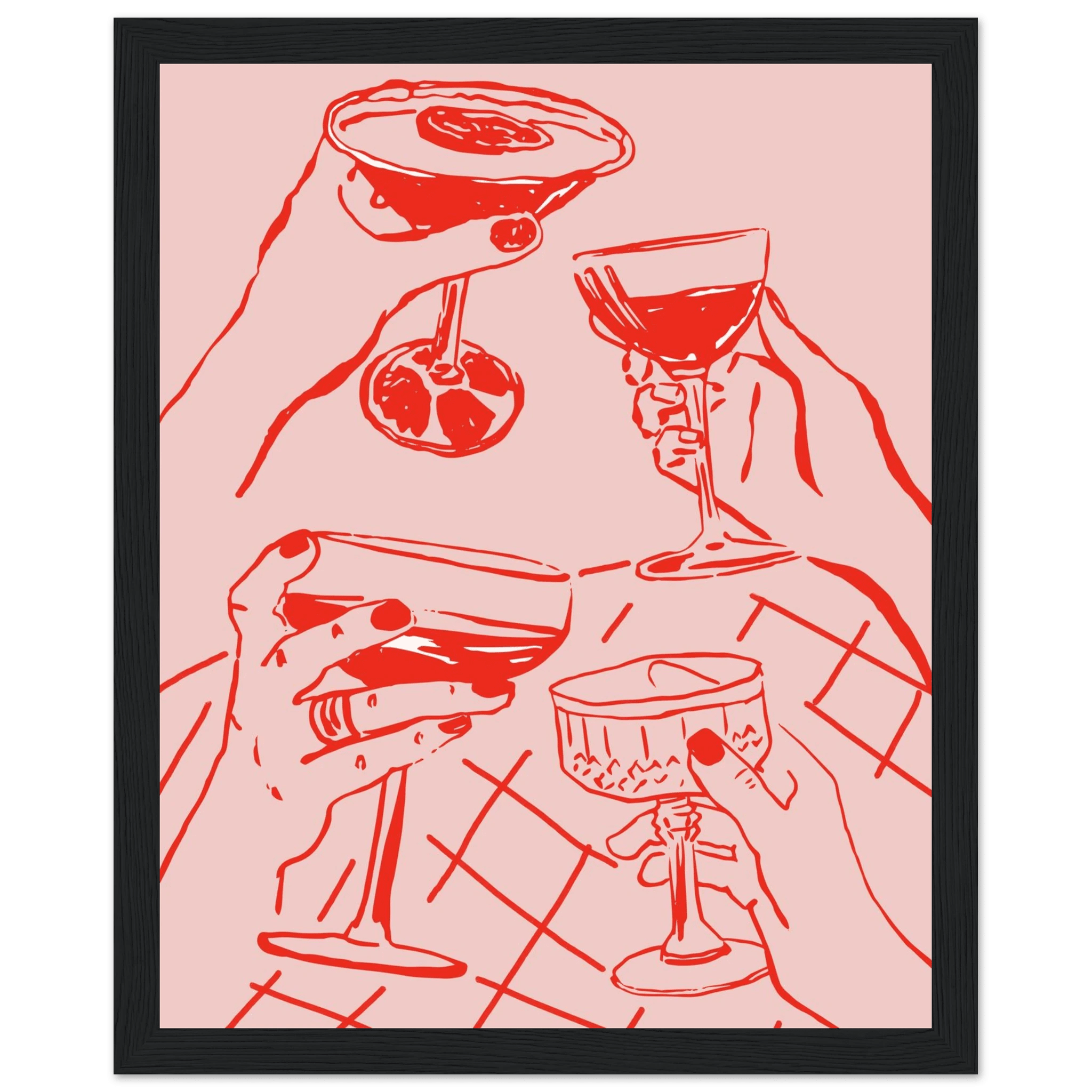 Cheers Print | Red & Pink Cocktail Glasses Wall Art | Kitchen Bar Poster - Evergreen Posters