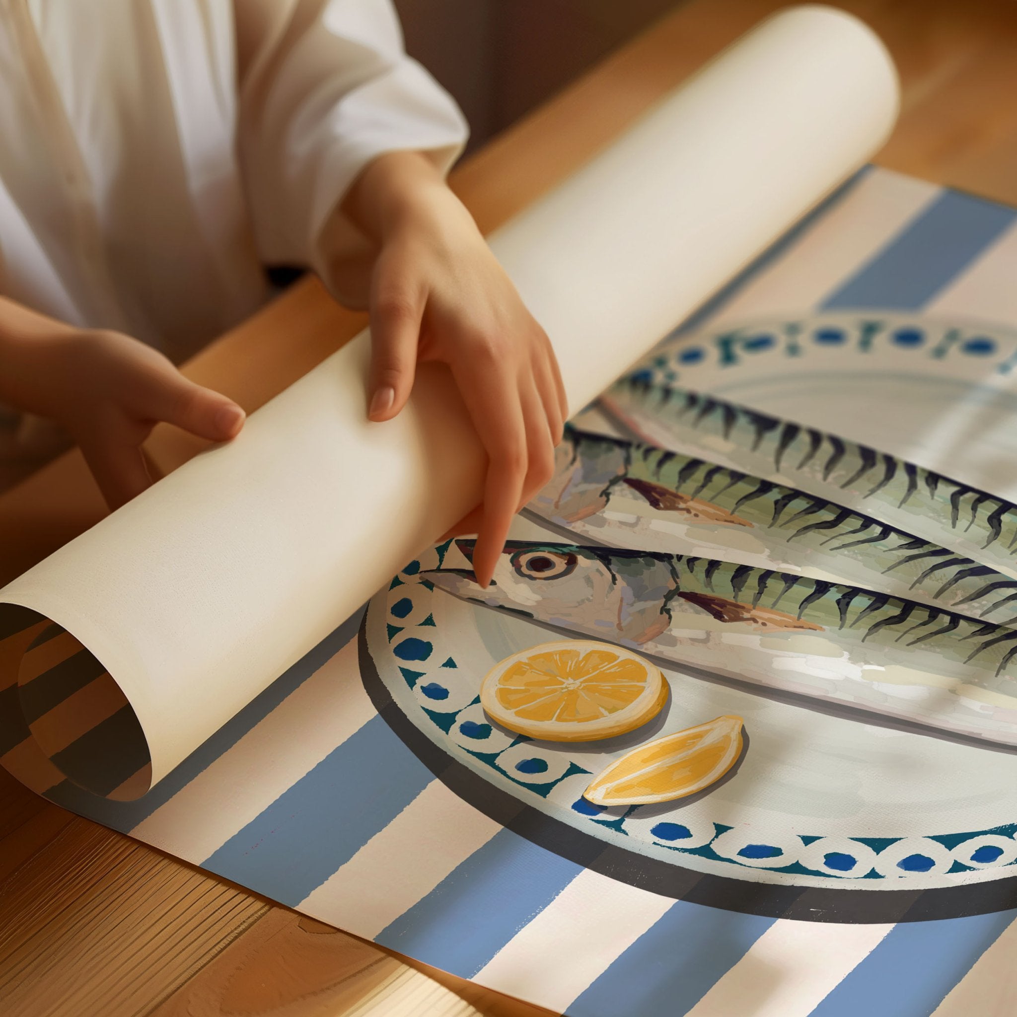 Sardines Print | Blue Stripe Fish Kitchen Wall Art | Coastal Food Poster - Evergreen Posters