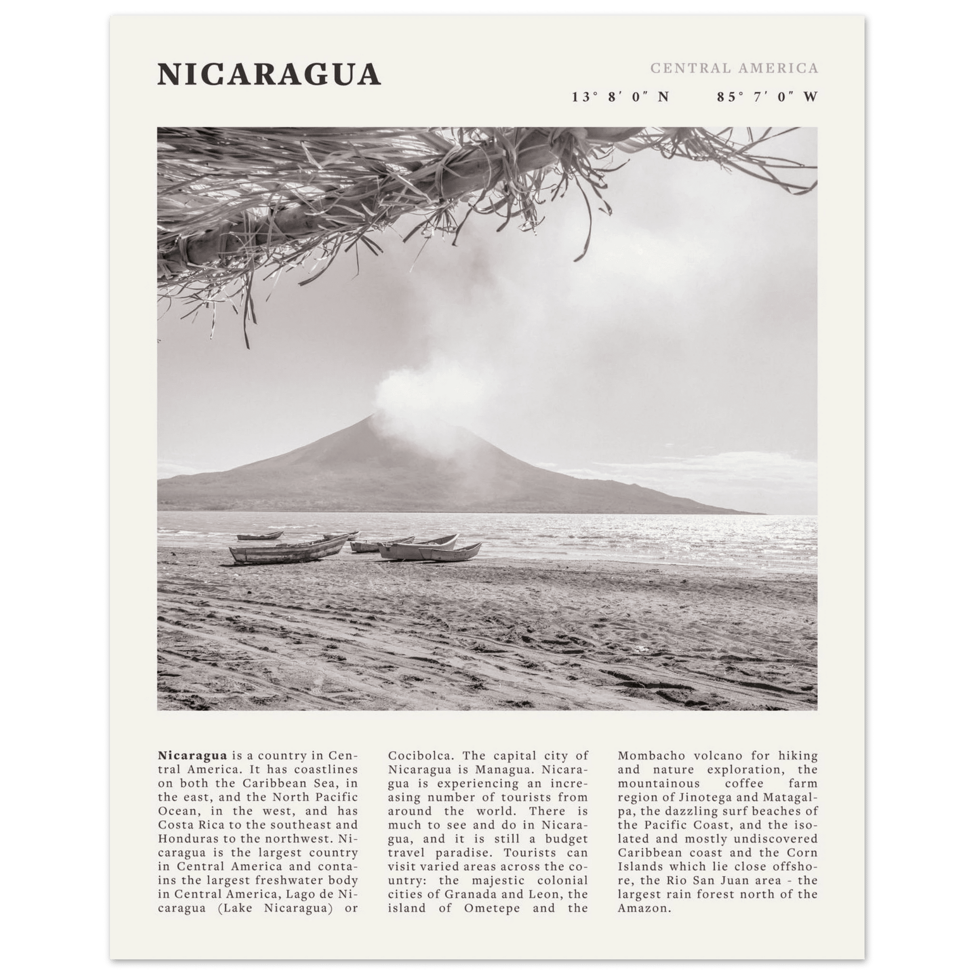 Nicaragua Poster | Black & White Volcano Wall Art | Central America Travel Print - Evergreen Posters