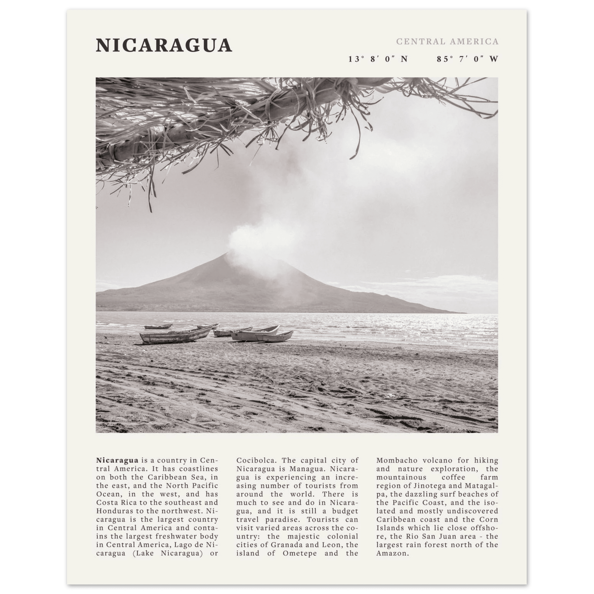 Nicaragua Poster | Black & White Volcano Wall Art | Central America Travel Print - Evergreen Posters
