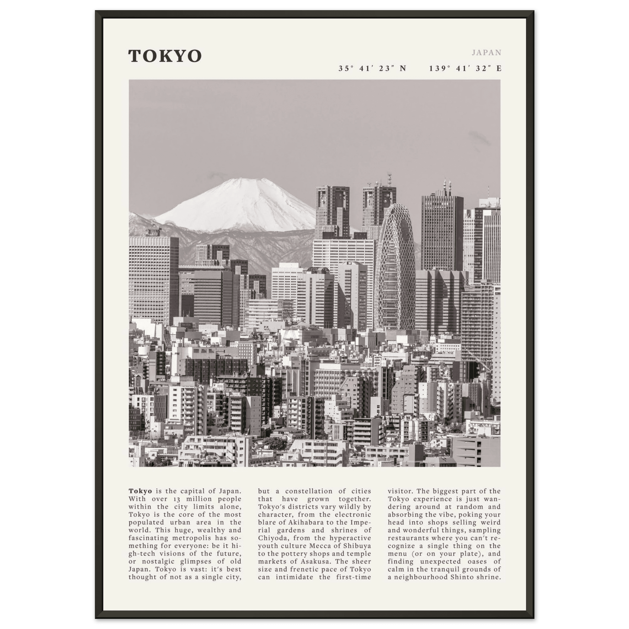 Tokyo Poster | Black & White Mount Fuji Skyline Wall Art | Japan Travel Print - Evergreen Posters