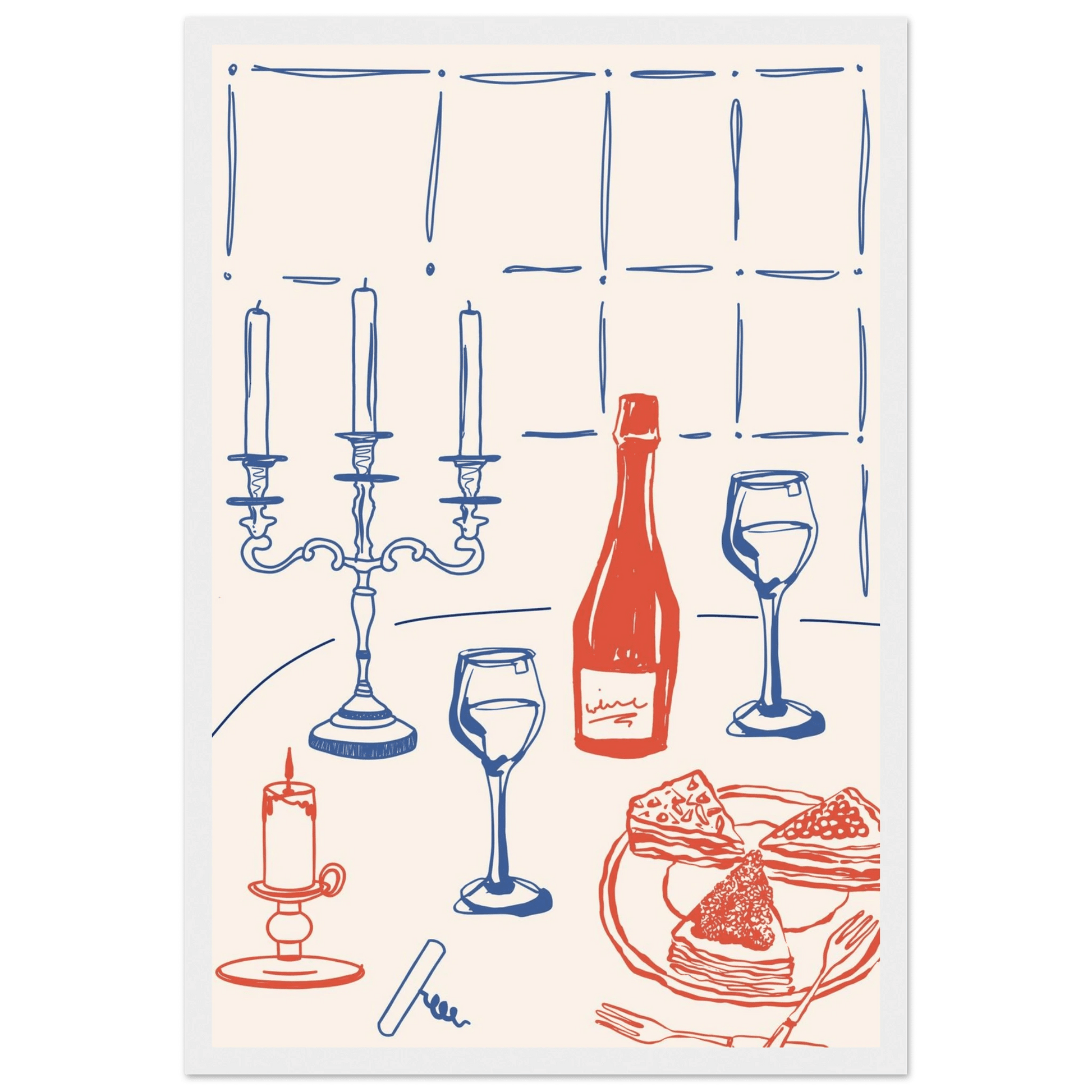 Candlelight Dinner Print | Wine & Candelabra Line Art Wall Art | Kitchen Poster - Evergreen Posters