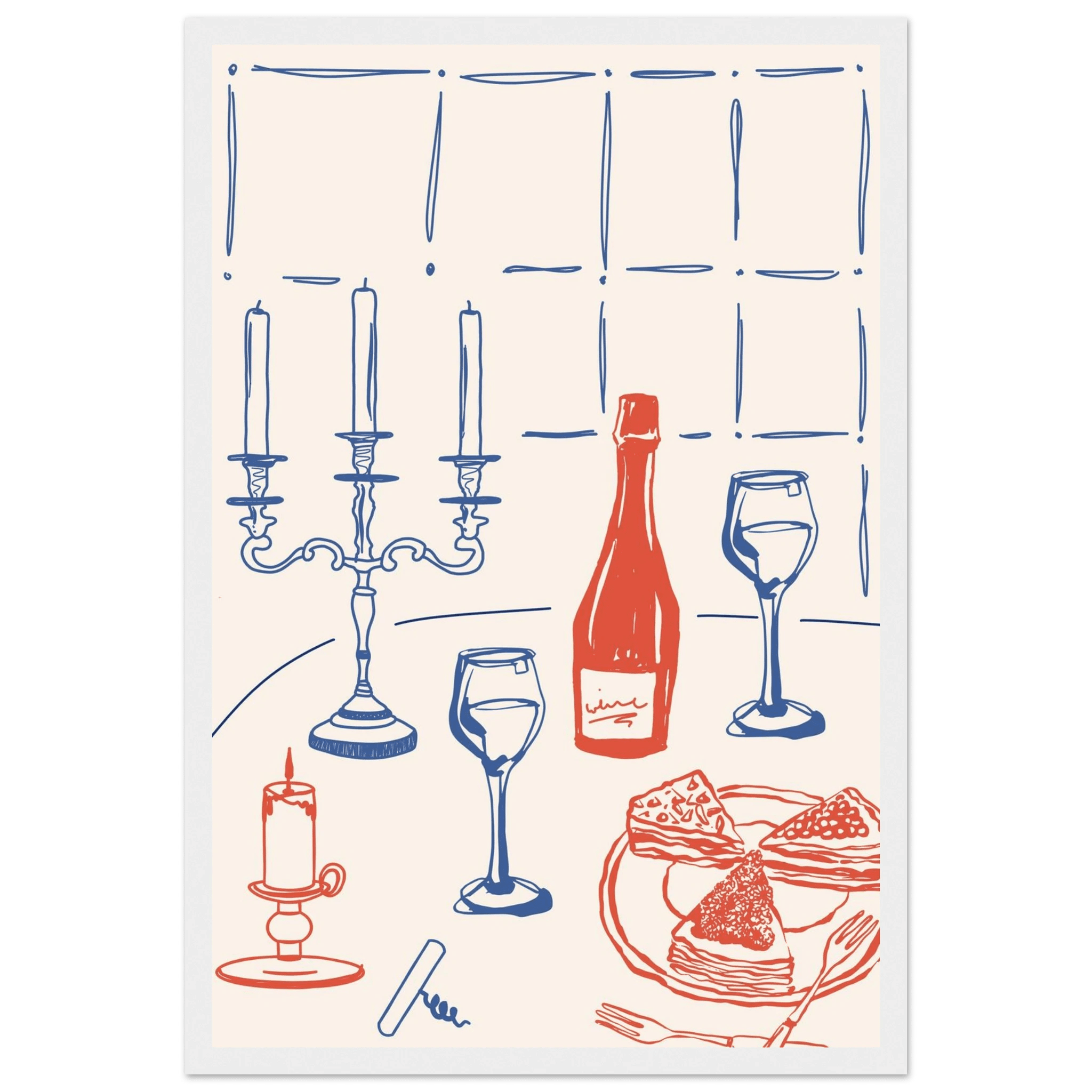Candlelight Dinner Print | Wine & Candelabra Line Art Wall Art | Kitchen Poster - Evergreen Posters
