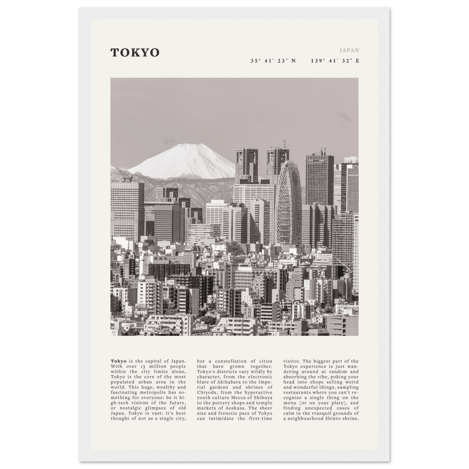 Tokyo Poster | Black & White Mount Fuji Skyline Wall Art | Japan Travel Print - Evergreen Posters