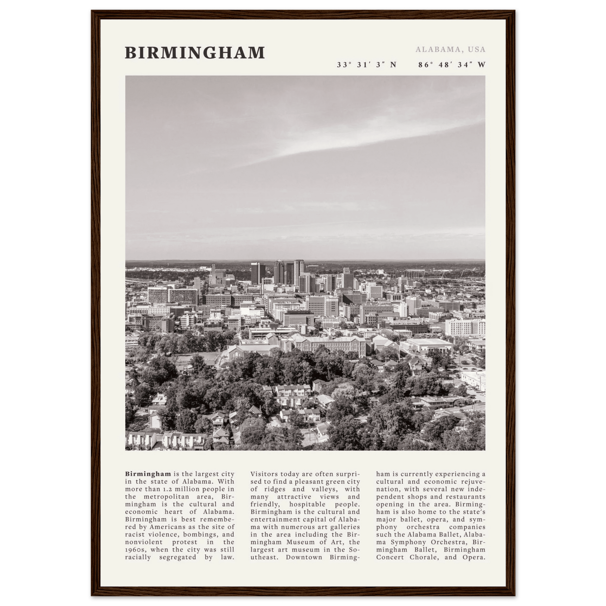 Birmingham Poster | Black & White Alabama Skyline Wall Art | AL Travel Print - Evergreen Posters