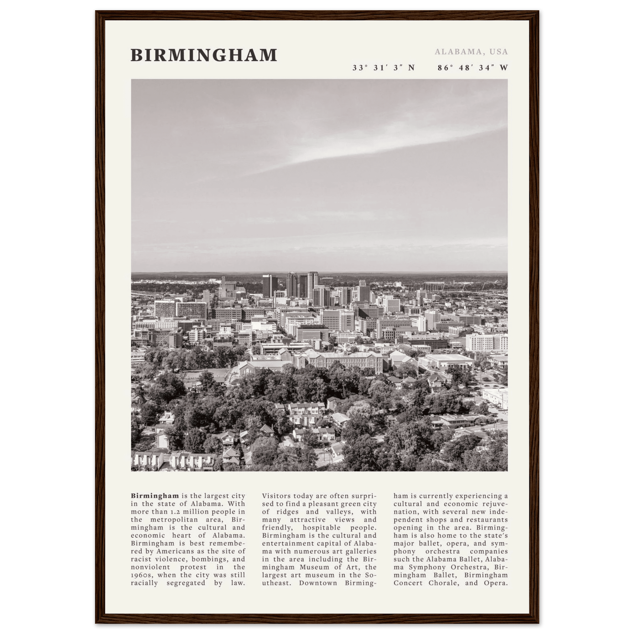 Birmingham Poster | Black & White Alabama Skyline Wall Art | AL Travel Print - Evergreen Posters