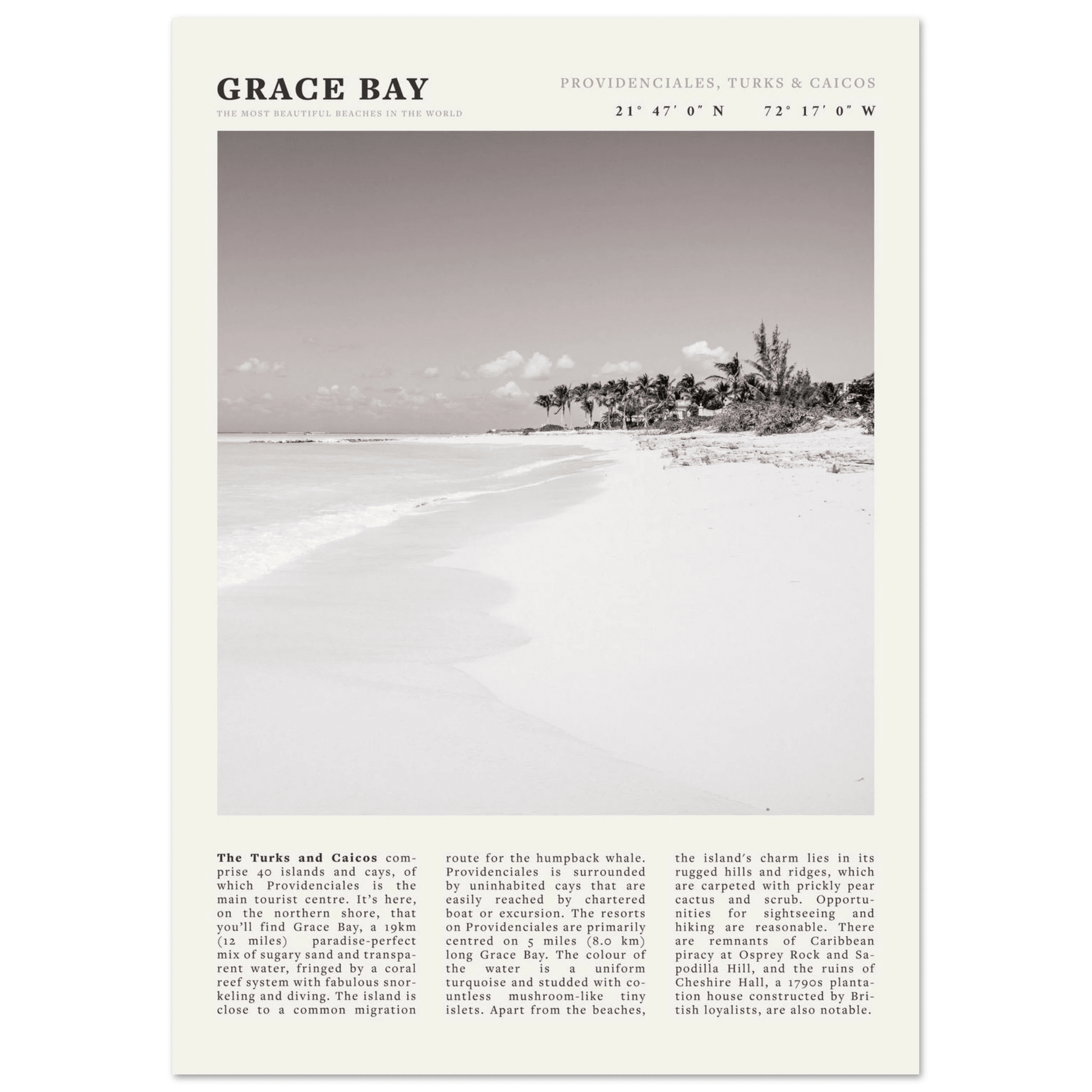Grace Bay Poster | Black & White Turks & Caicos Wall Art | Caribbean Beach Print - Evergreen Posters