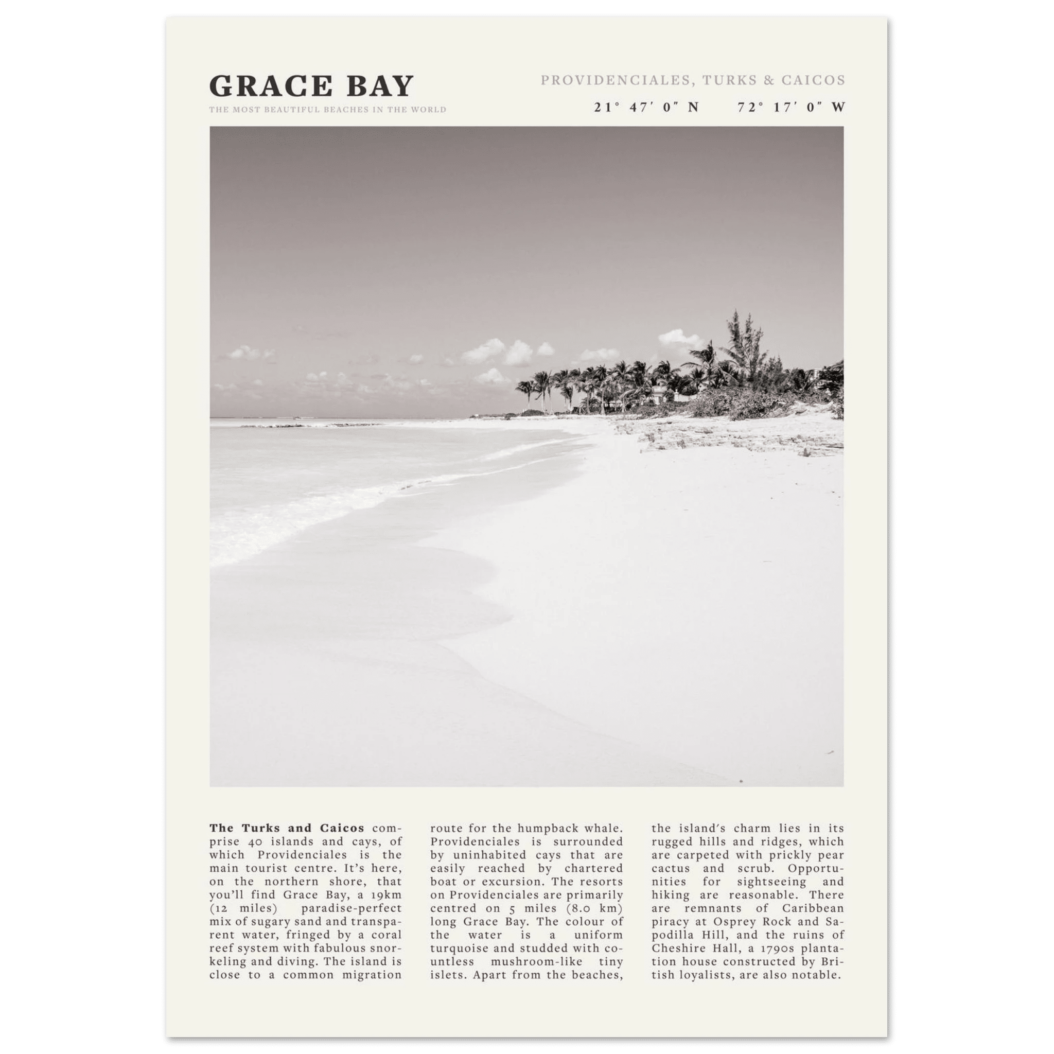 Grace Bay Poster | Black & White Turks & Caicos Wall Art | Caribbean Beach Print - Evergreen Posters