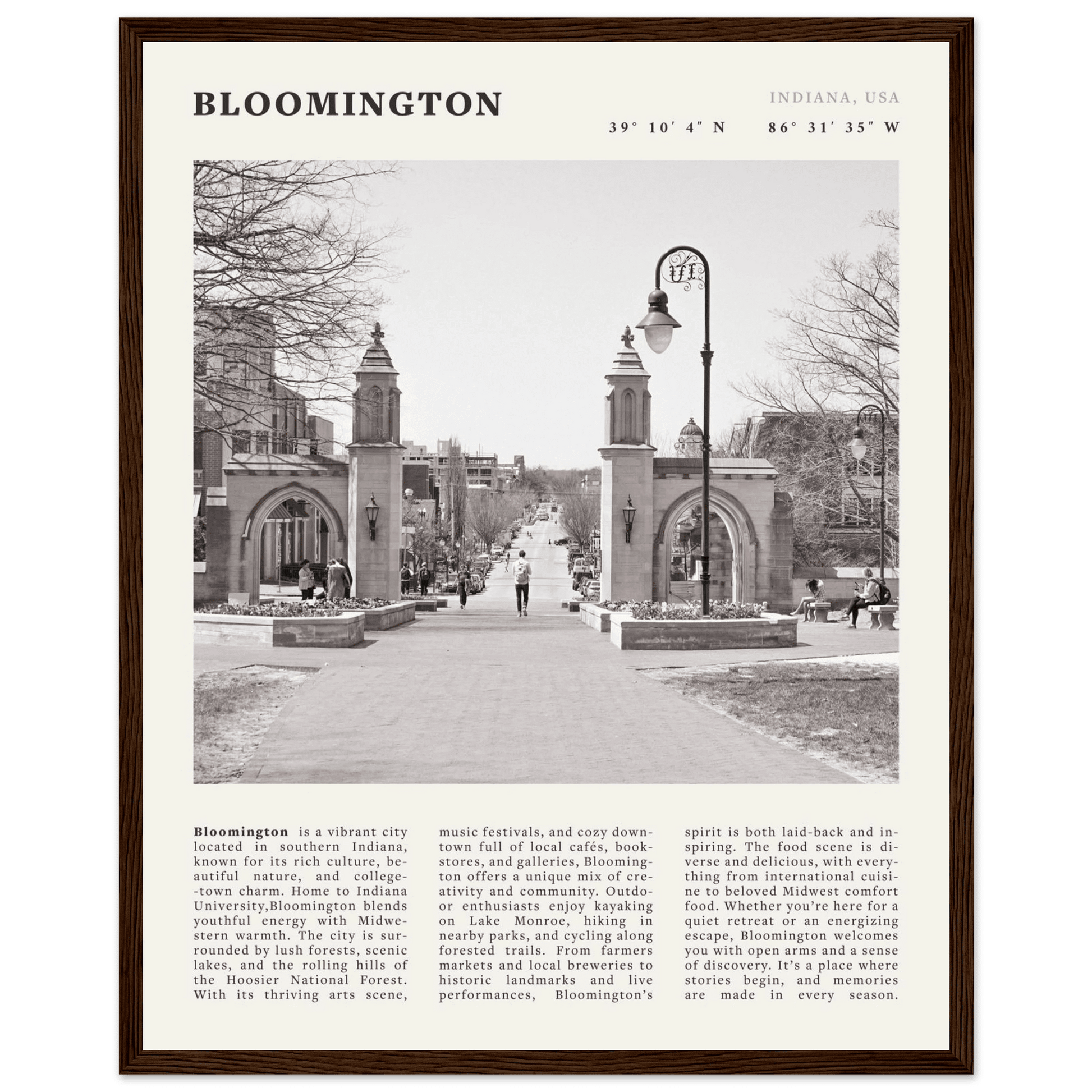 Bloomington Indiana Black and White Vintage Poster - Evergreen Posters