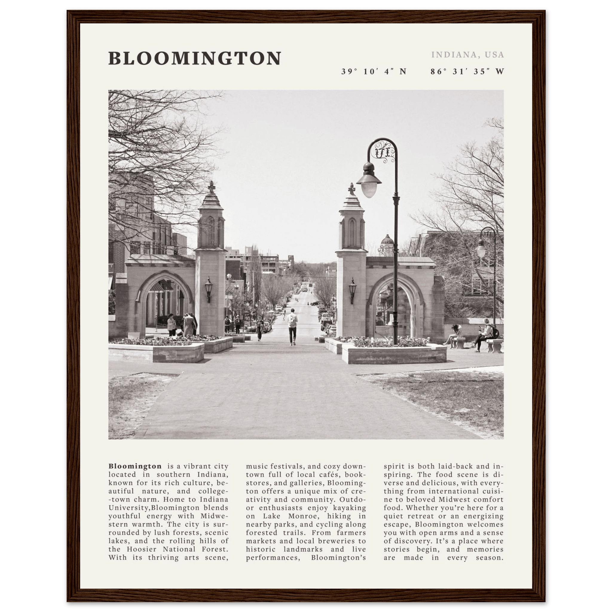 Bloomington Indiana Black and White Vintage Poster - Evergreen Posters