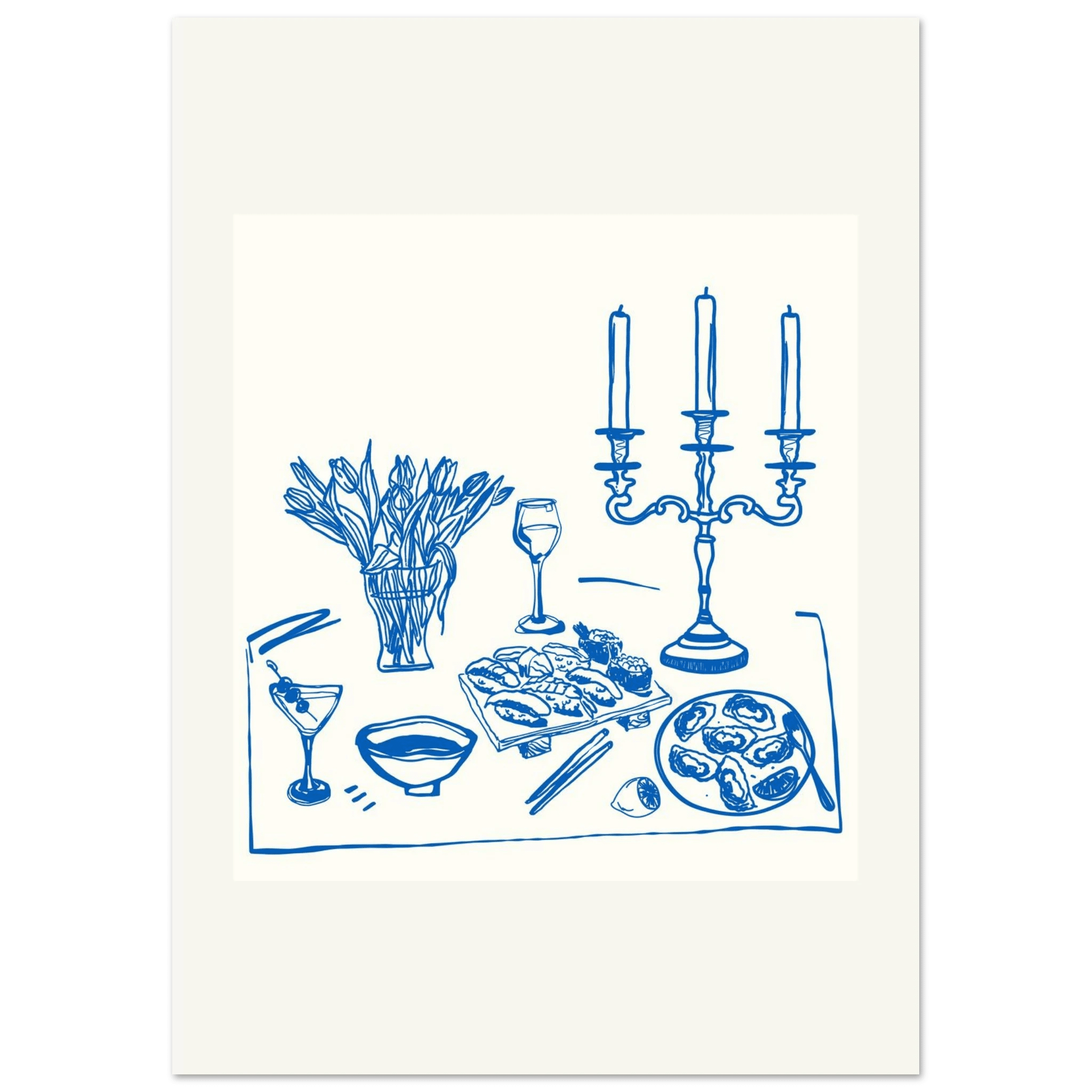 Fine Dining Table Print | Blue Line Art Kitchen Wall Art | Elegant Dining Room Poster - Evergreen Posters