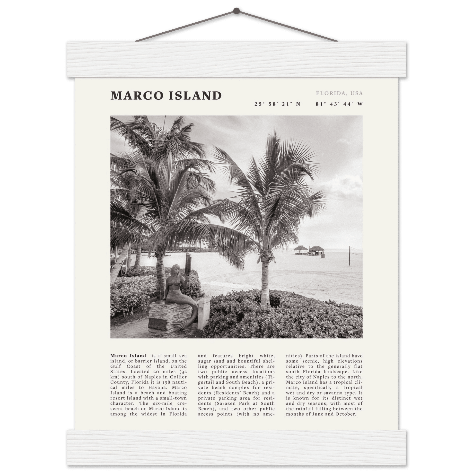Marco Island Poster | Black & White Florida Beach Wall Art | Coastal Travel Print - Evergreen Posters