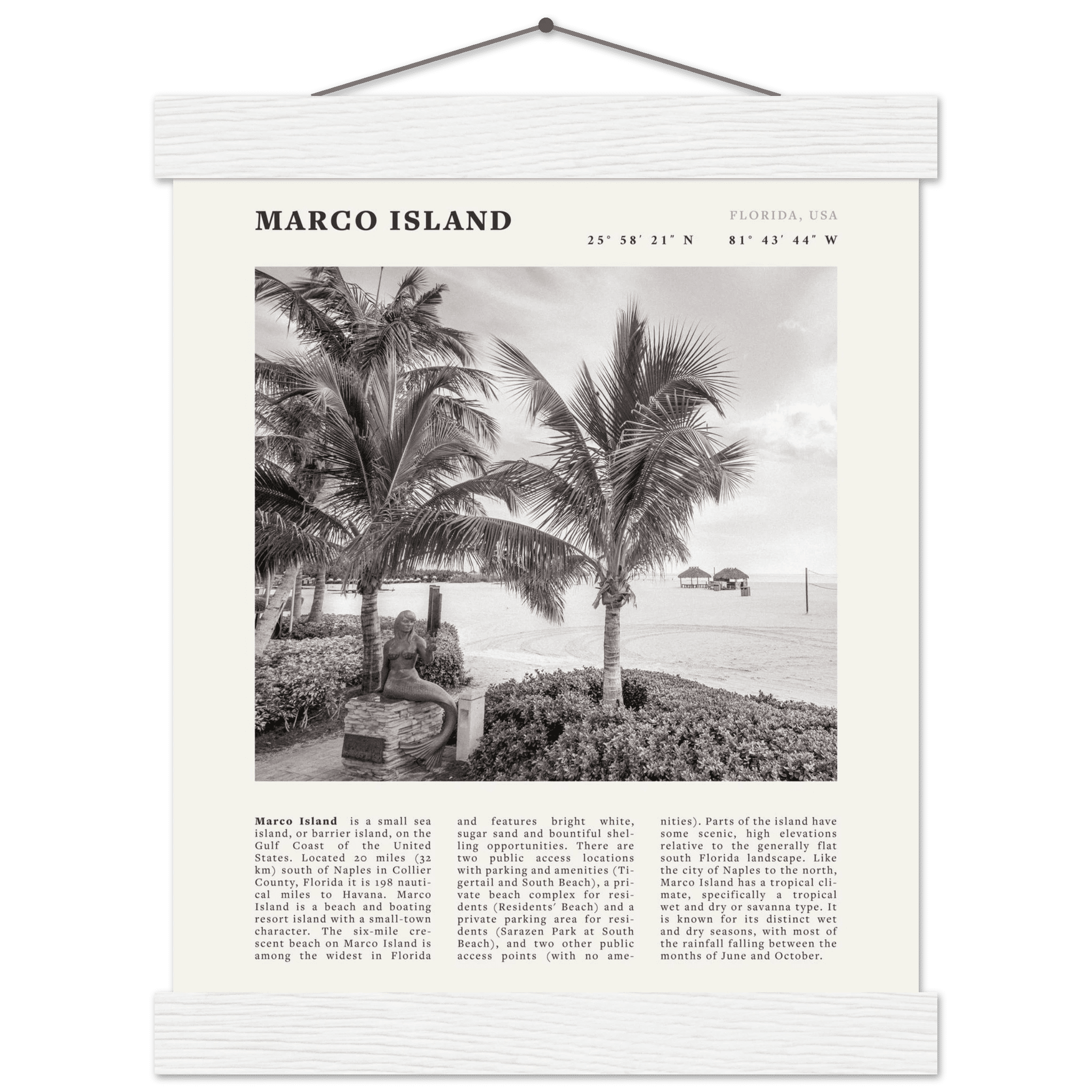 Marco Island Poster | Black & White Florida Beach Wall Art | Coastal Travel Print - Evergreen Posters