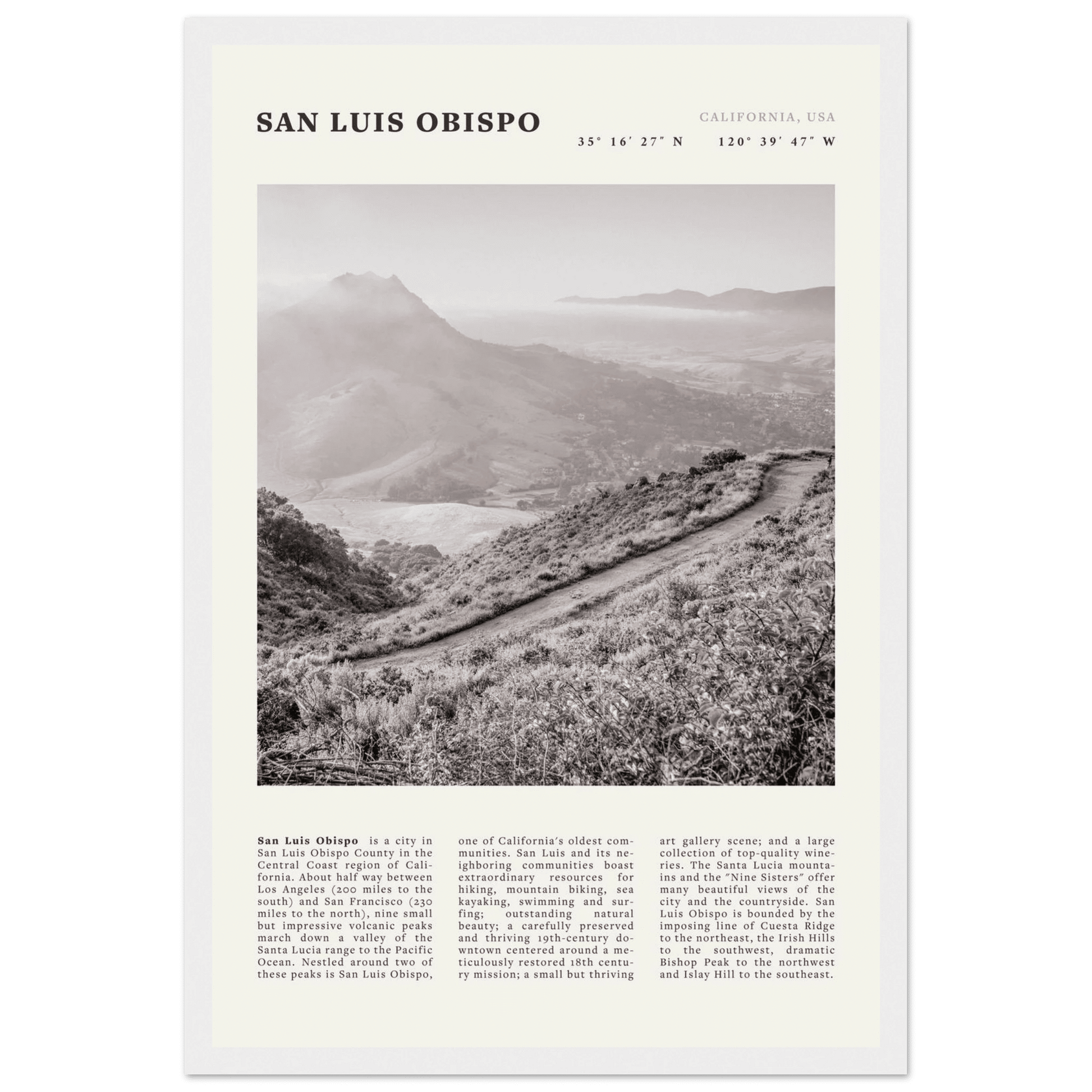 San Luis Obispo Poster | Black & White California Wall Art | SLO Travel Print - Evergreen Posters