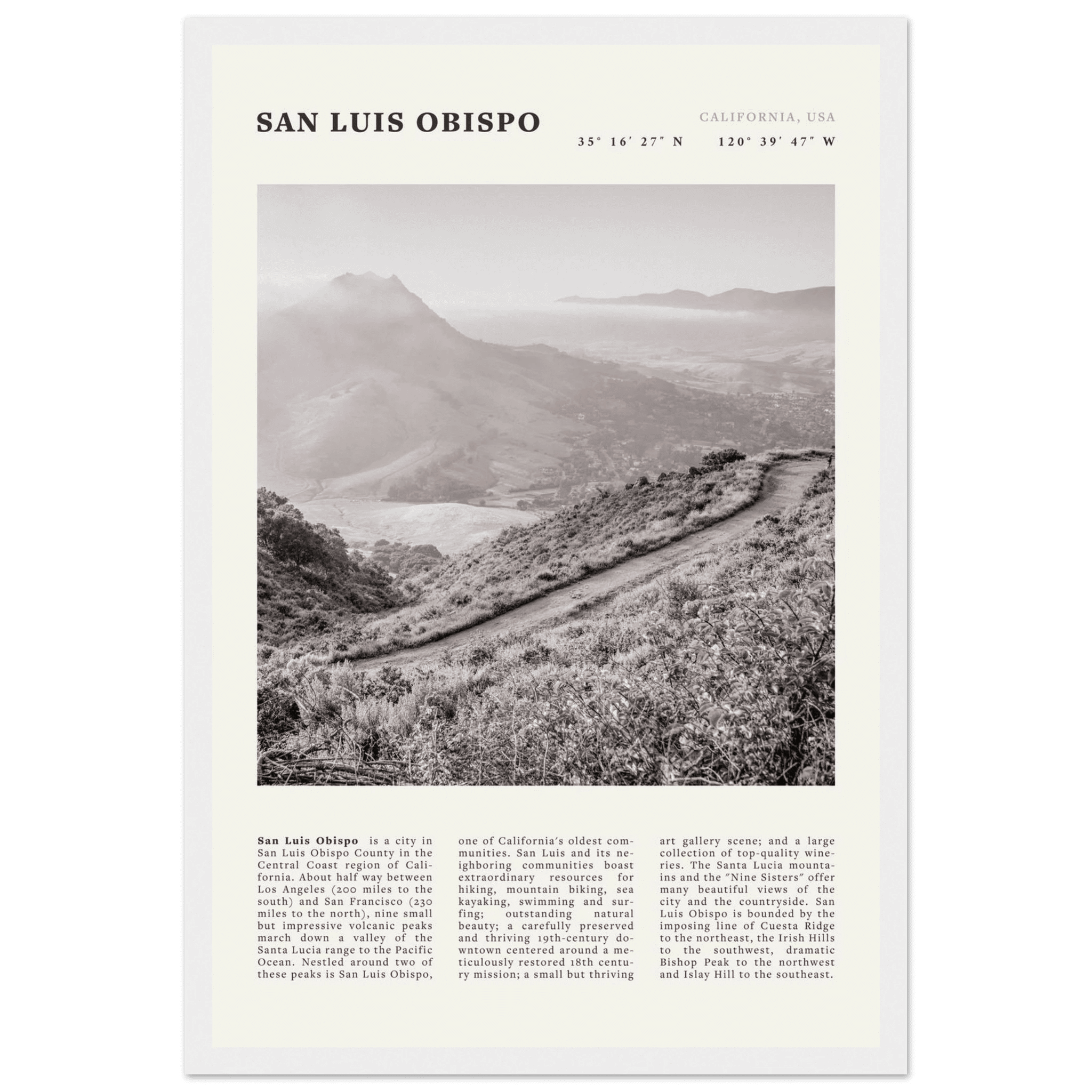 San Luis Obispo Poster | Black & White California Wall Art | SLO Travel Print - Evergreen Posters
