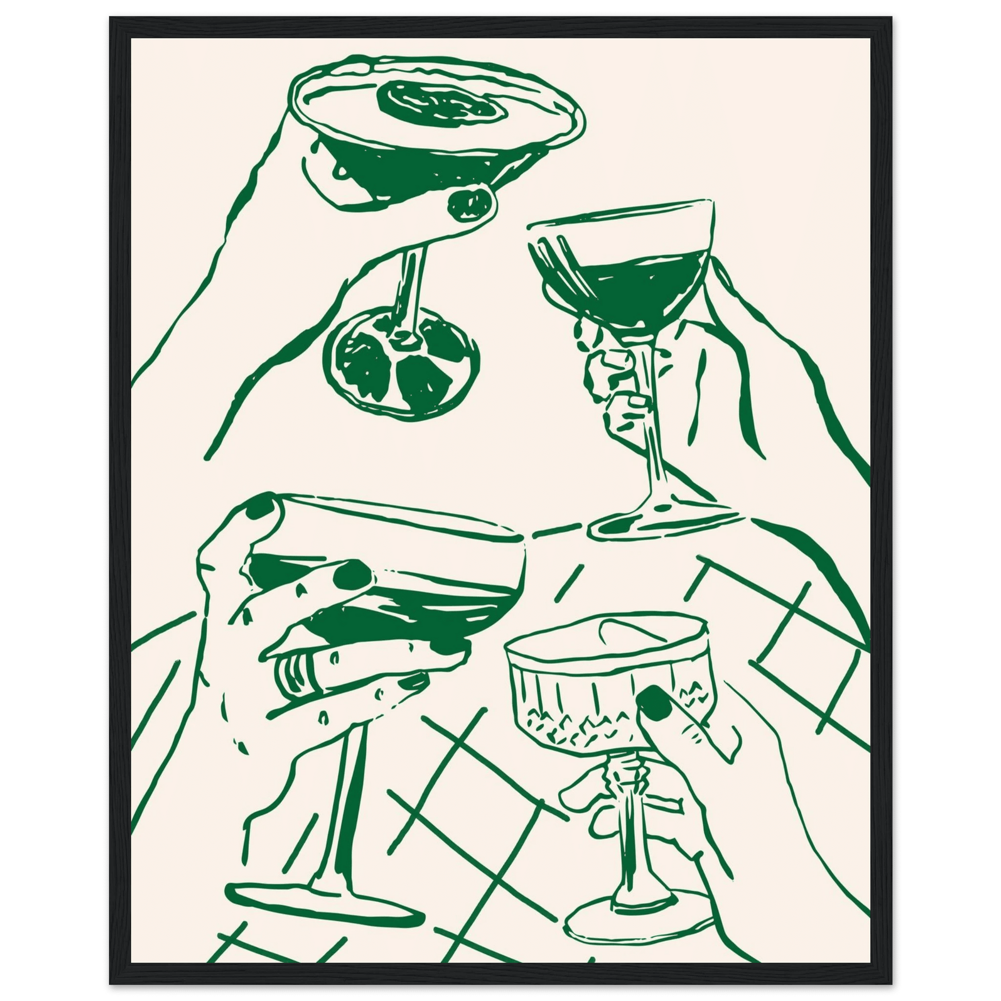 Cheers Print | Forest Green Cocktail Glasses Wall Art | Kitchen Bar Poster - Evergreen Posters