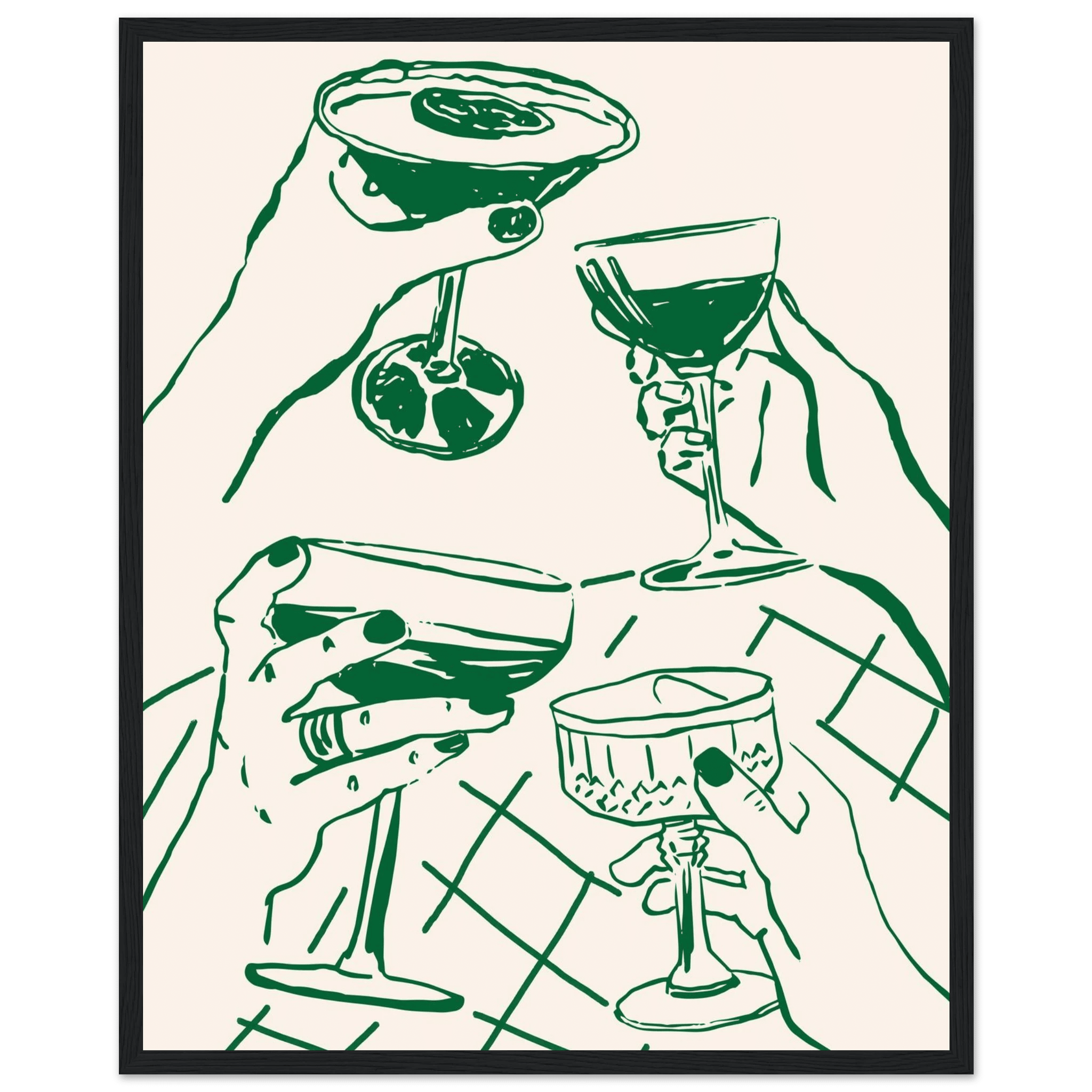 Cheers Print | Forest Green Cocktail Glasses Wall Art | Kitchen Bar Poster - Evergreen Posters