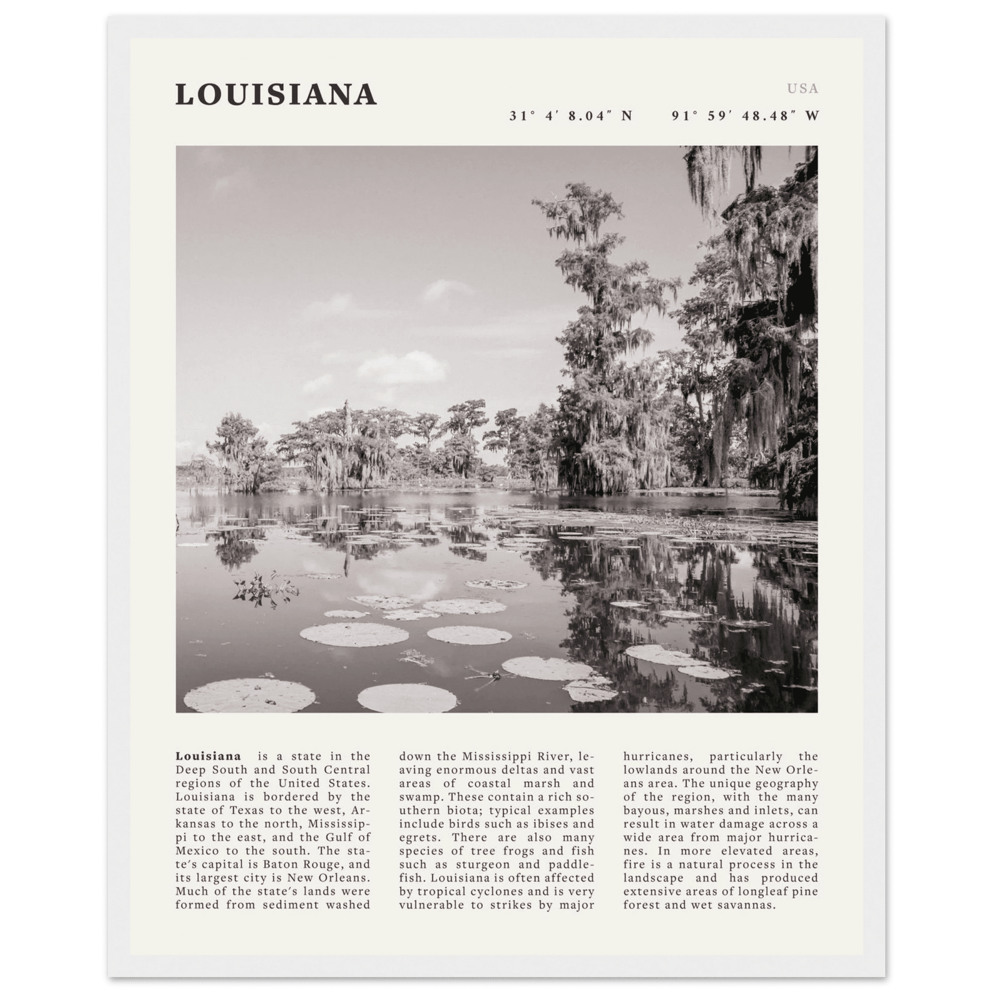 Louisiana Poster | Black & White Bayou Wall Art | Southern USA Travel Print Decor - Evergreen Posters