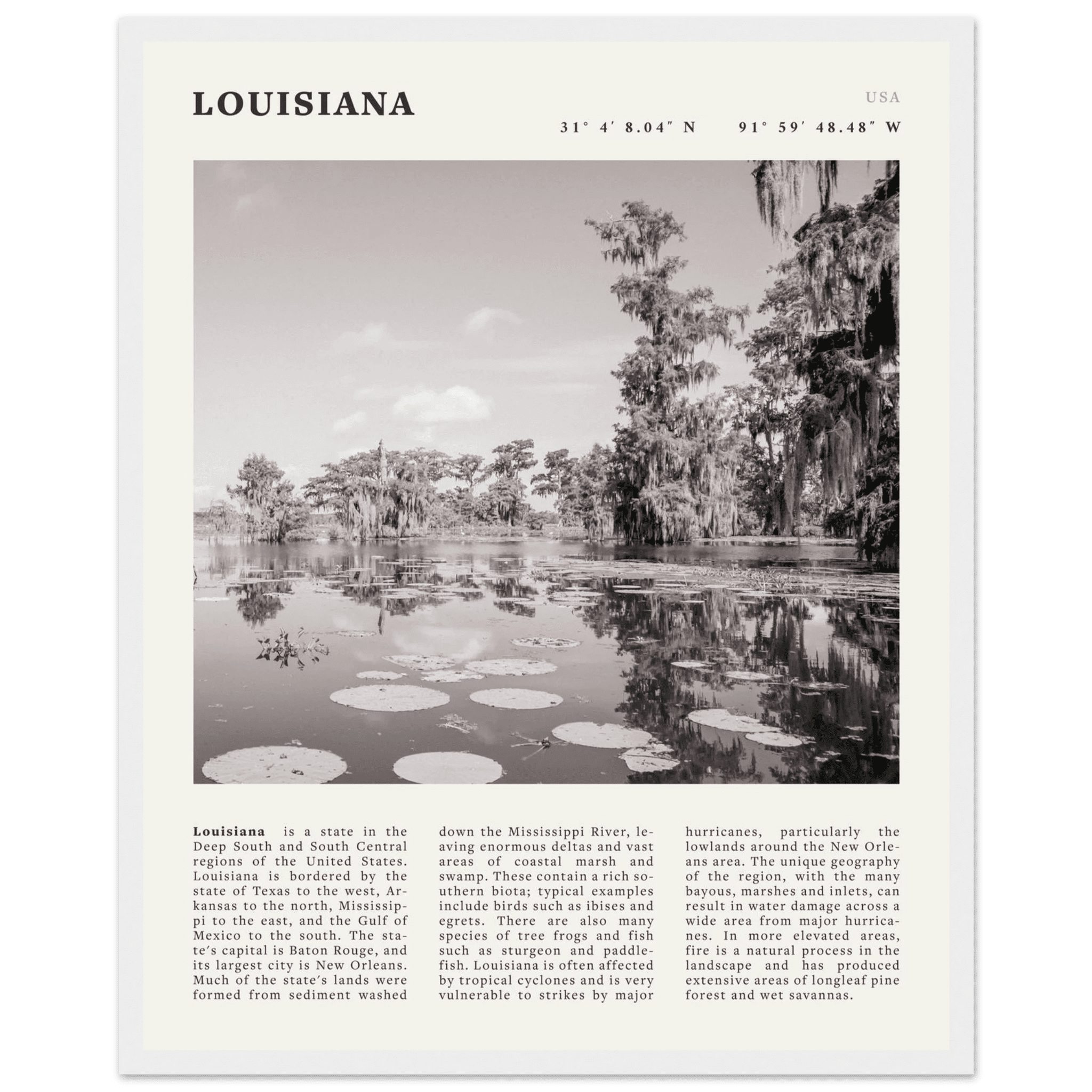 Louisiana Poster | Black & White Bayou Wall Art | Southern USA Travel Print Decor - Evergreen Posters