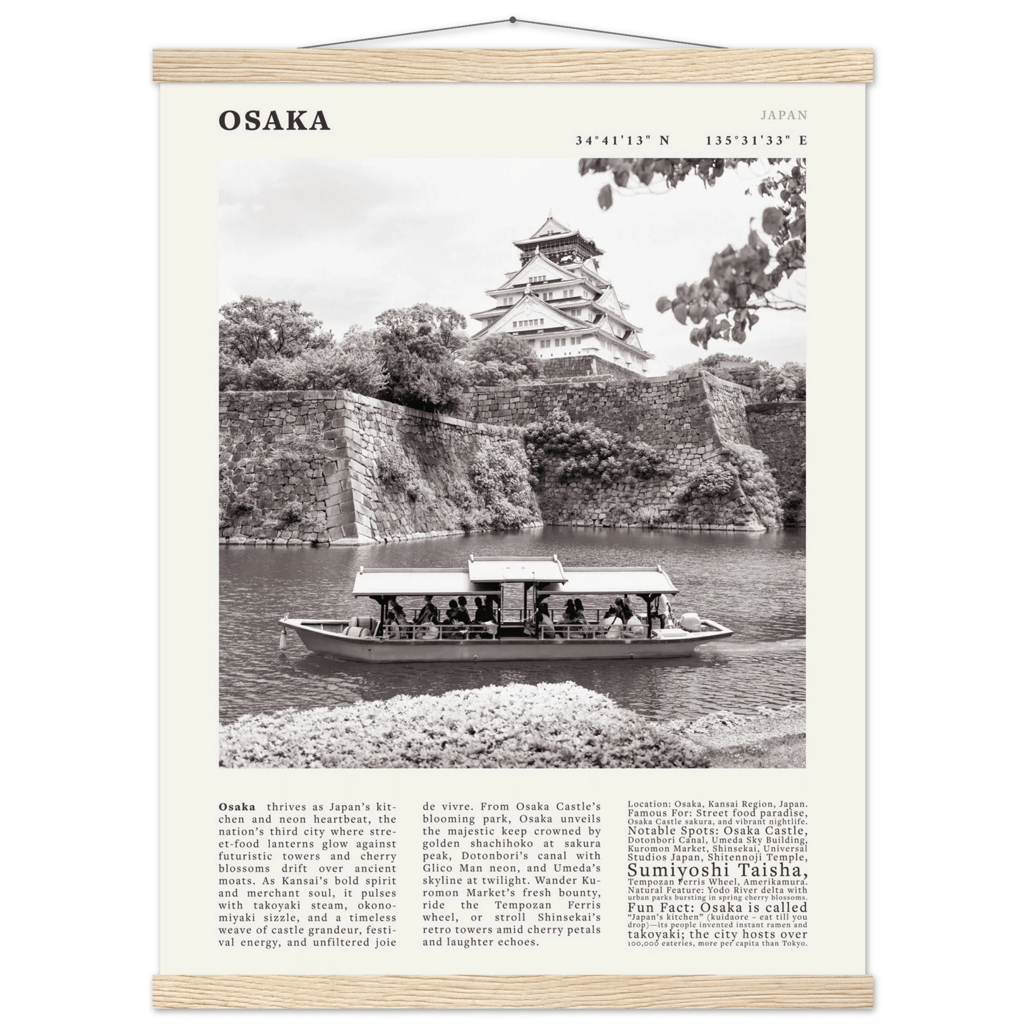 Osaka Poster Black and White – Vintage Osaka Castle Cherry Blossom Print (Digital & Printed Options) - Evergreen Posters
