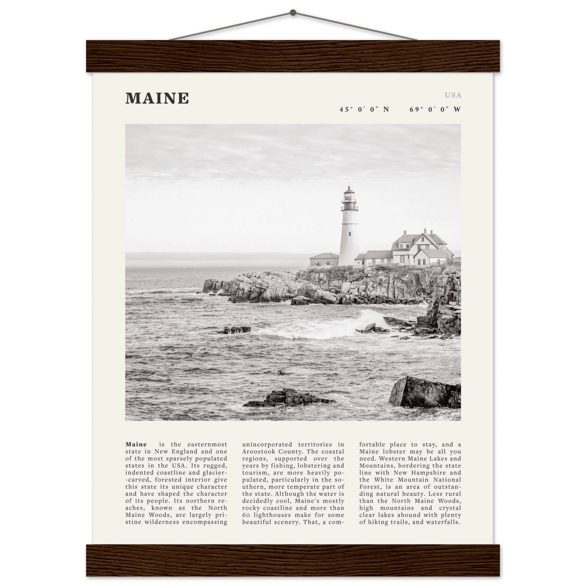 Maine Poster | Black & White Lighthouse Wall Art | New England Coastal Travel Print - Evergreen Posters
