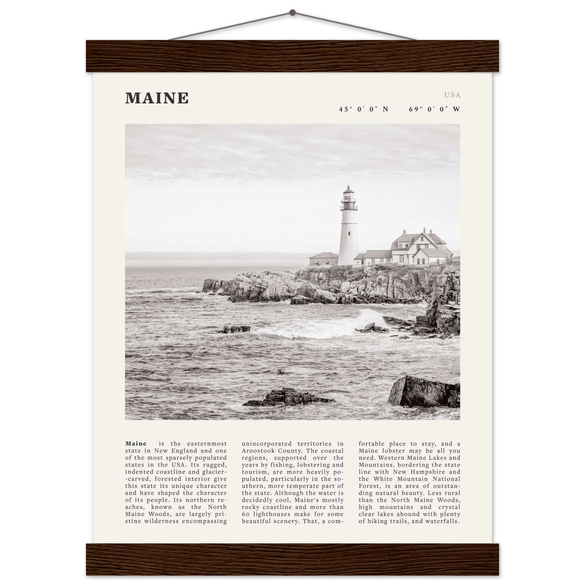 Maine Poster | Black & White Lighthouse Wall Art | New England Coastal Travel Print - Evergreen Posters