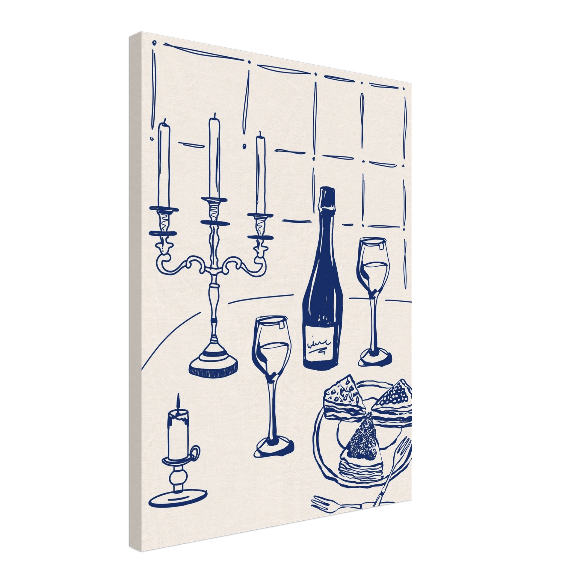 Candlelight Dinner Print | Navy Blue Wine & Candelabra Line Art | Kitchen Poster - Evergreen Posters