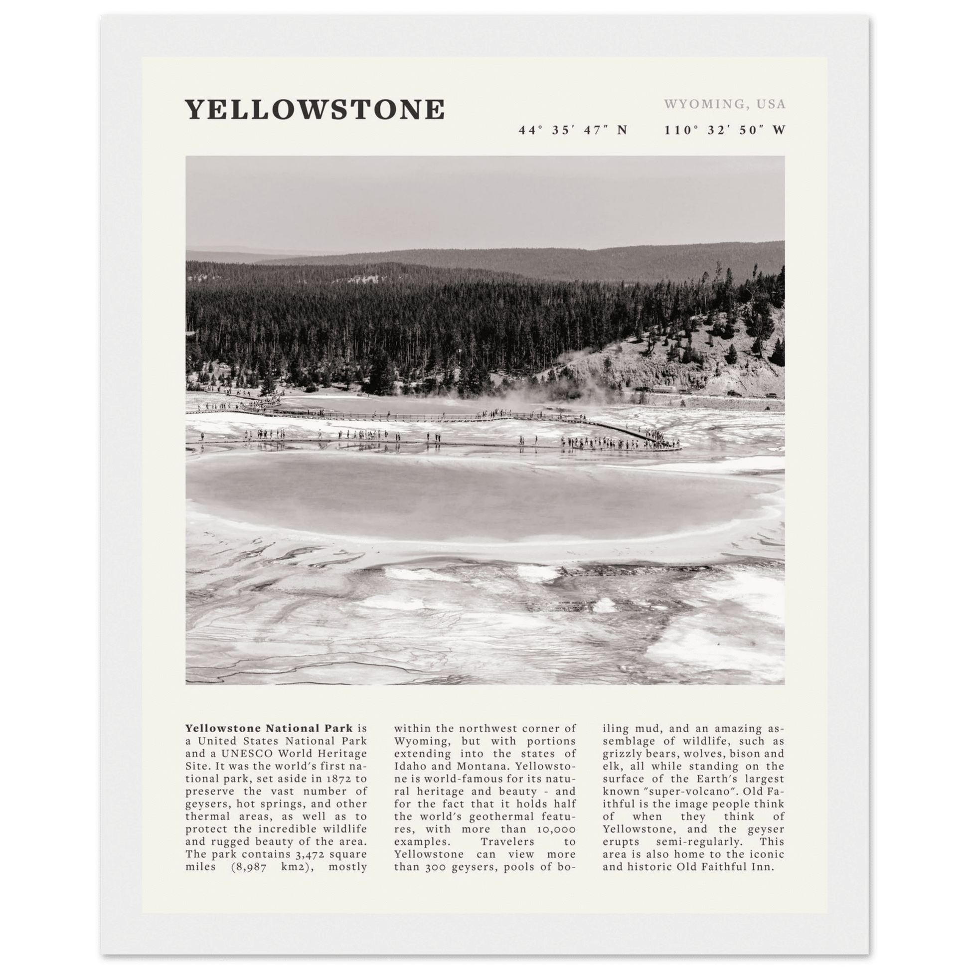 Yellowstone Poster | Black & White Grand Prismatic Spring Wall Art | WY Print - Evergreen Posters